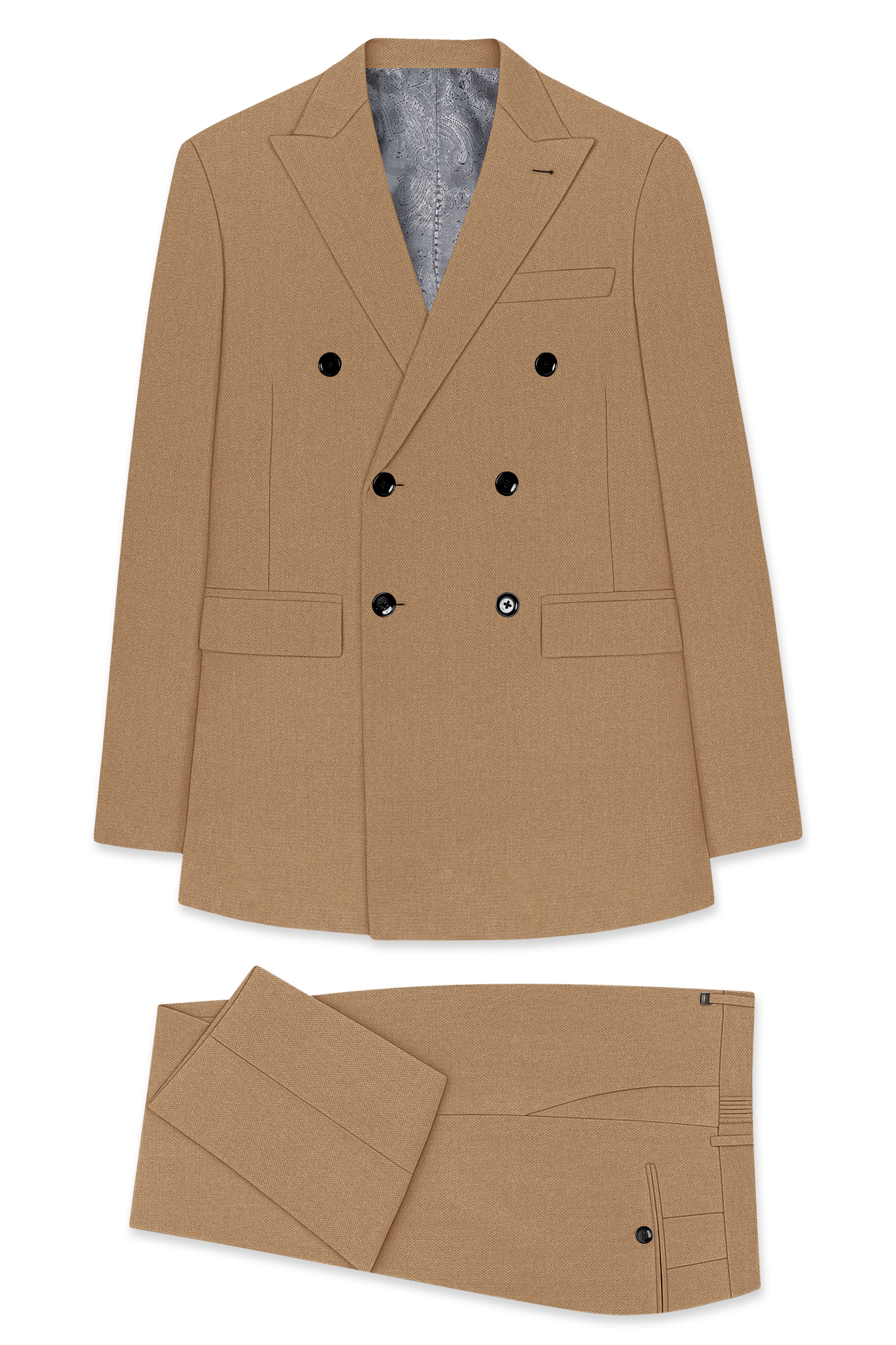Sienna-Teak Brown Diamond Textured Wool Rich Slight Stretch Double Breasted Suit