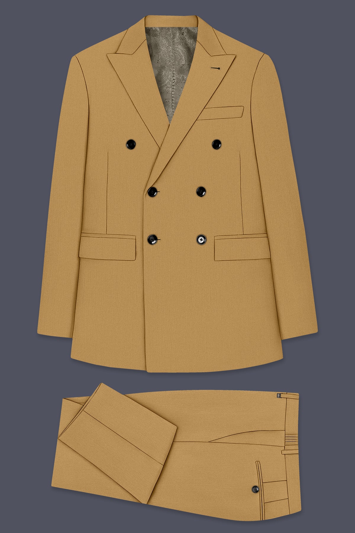 Sienna-Teak Brown Diamond Textured Wool Rich Slight Stretch Double Breasted Suit