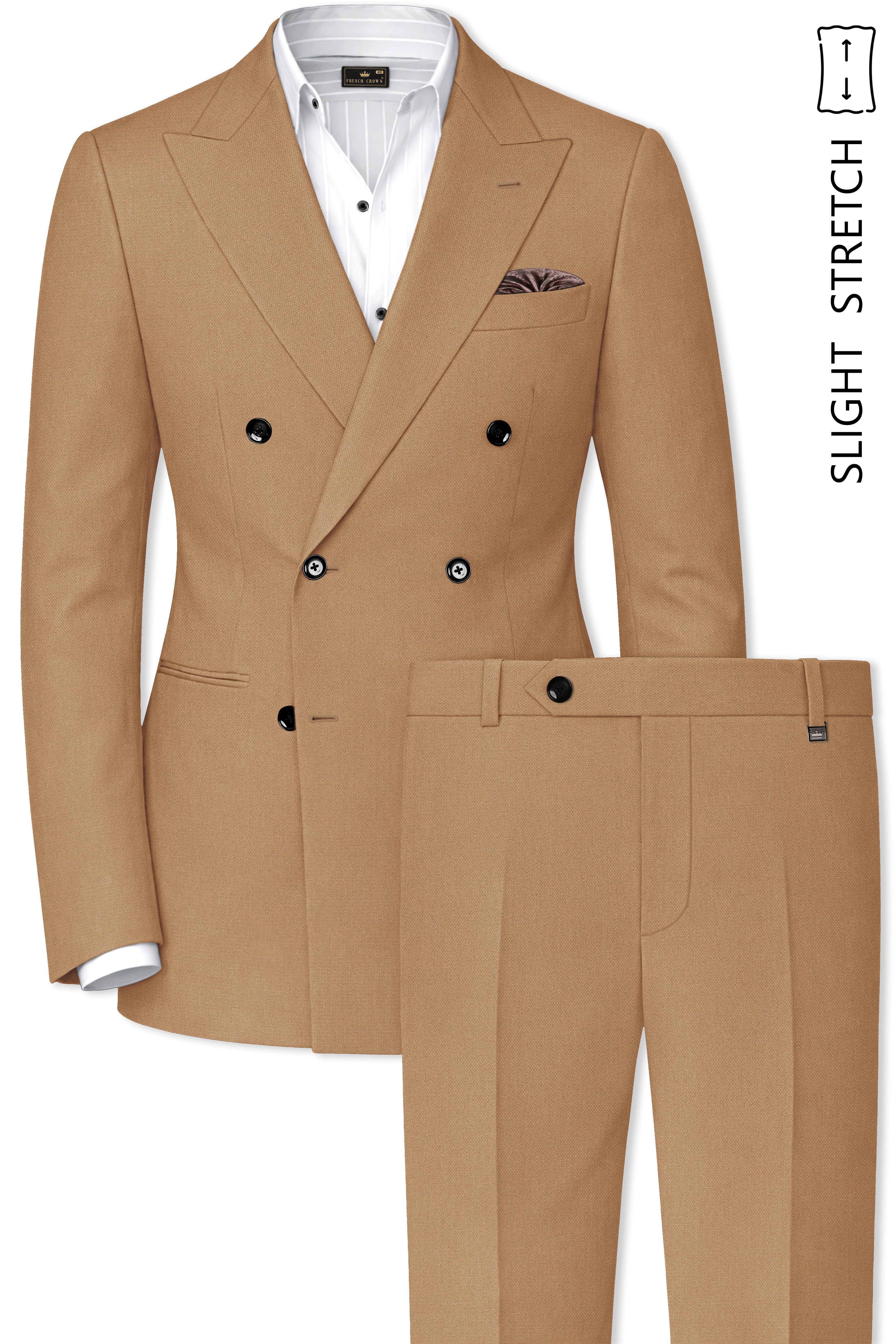 Sienna-Teak Brown Diamond Textured Wool Rich Slight Stretch Double Breasted Suit