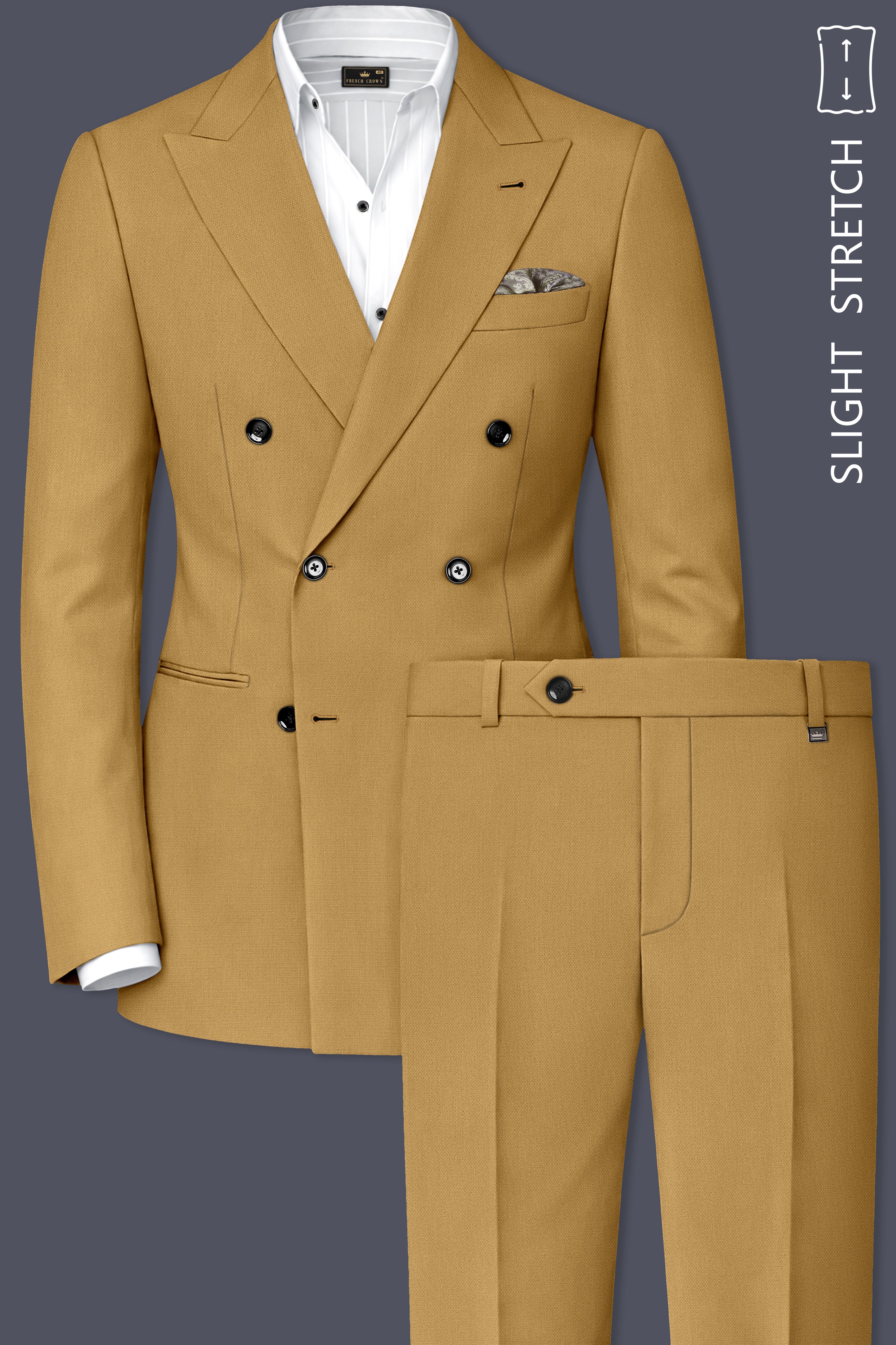 Sienna-Teak Brown Diamond Textured Wool Rich Slight Stretch Double Breasted Suit