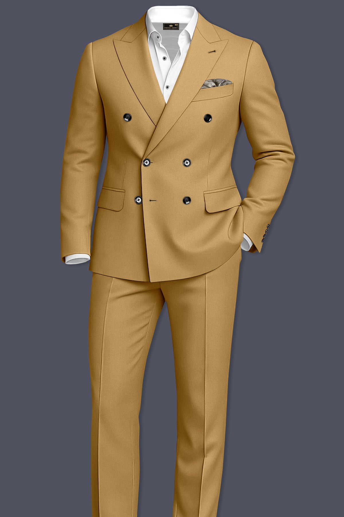 Sienna-Teak Brown Diamond Textured Wool Rich Slight Stretch Double Breasted Suit