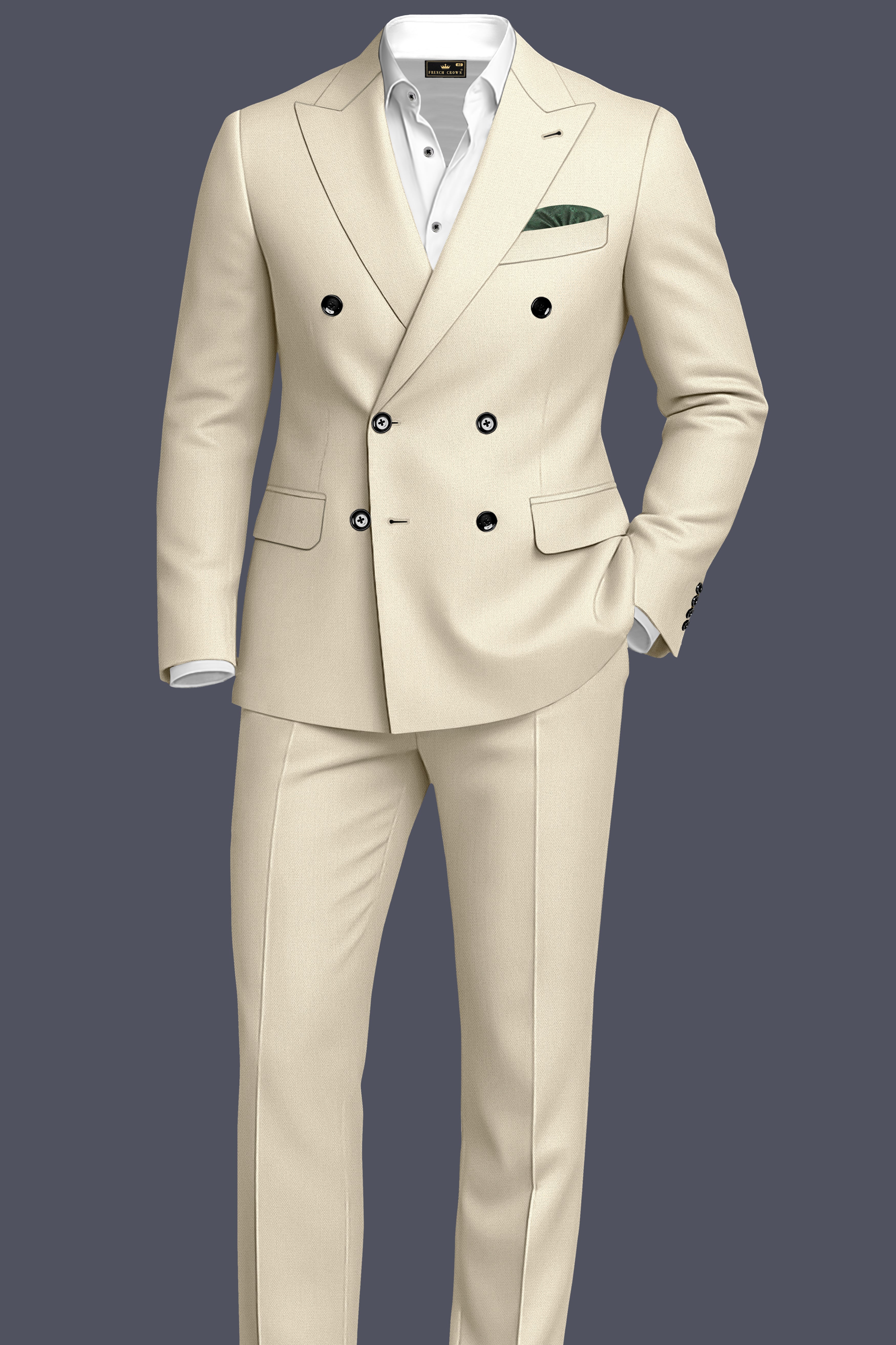 Dune-Foggy Cream Diamond Textured Wool Rich Slight Stretch Double Breasted Suit
