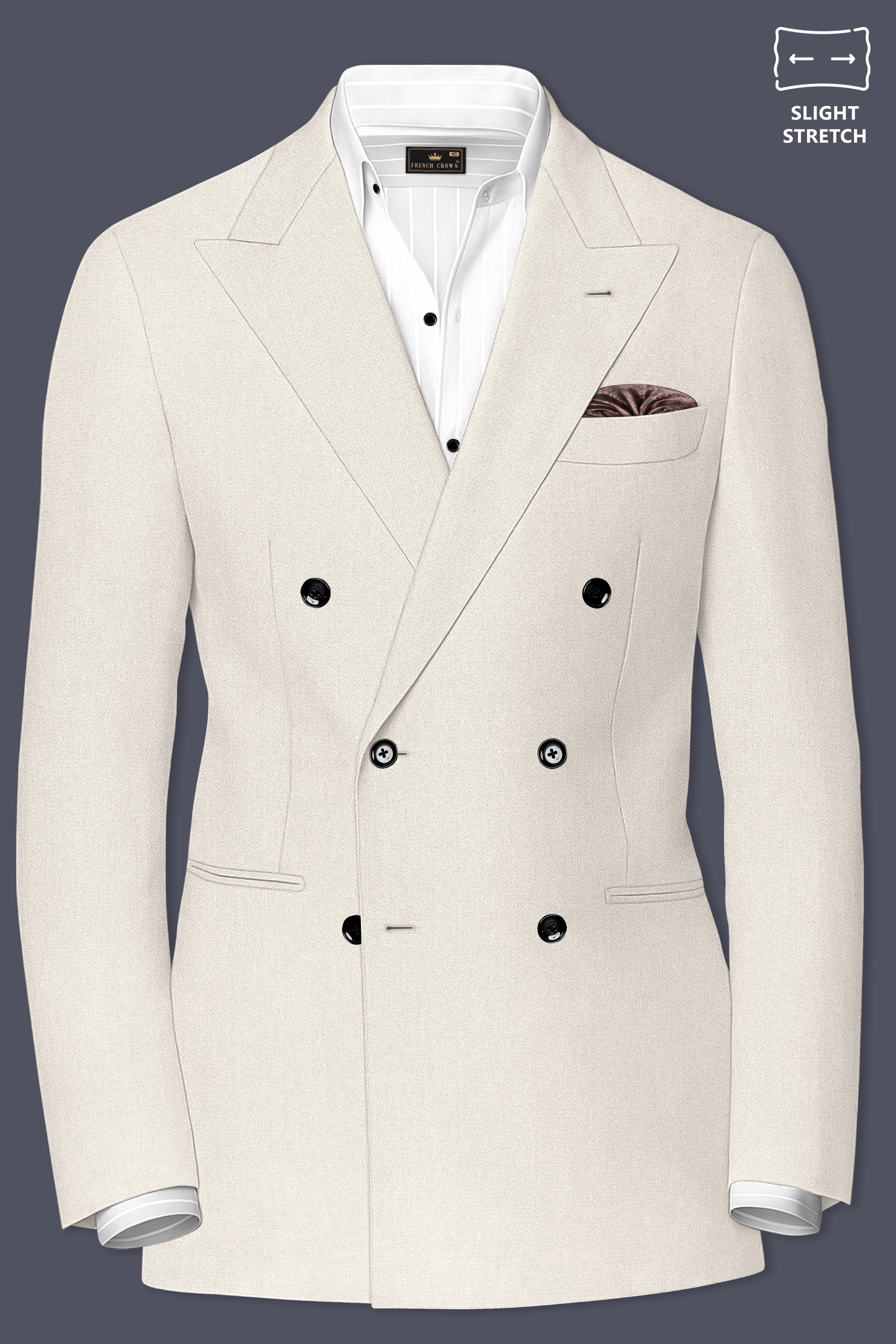 Ecru-Merino Off White Diamond Textured Wool Rich Slight Stretch Double Breasted Suit