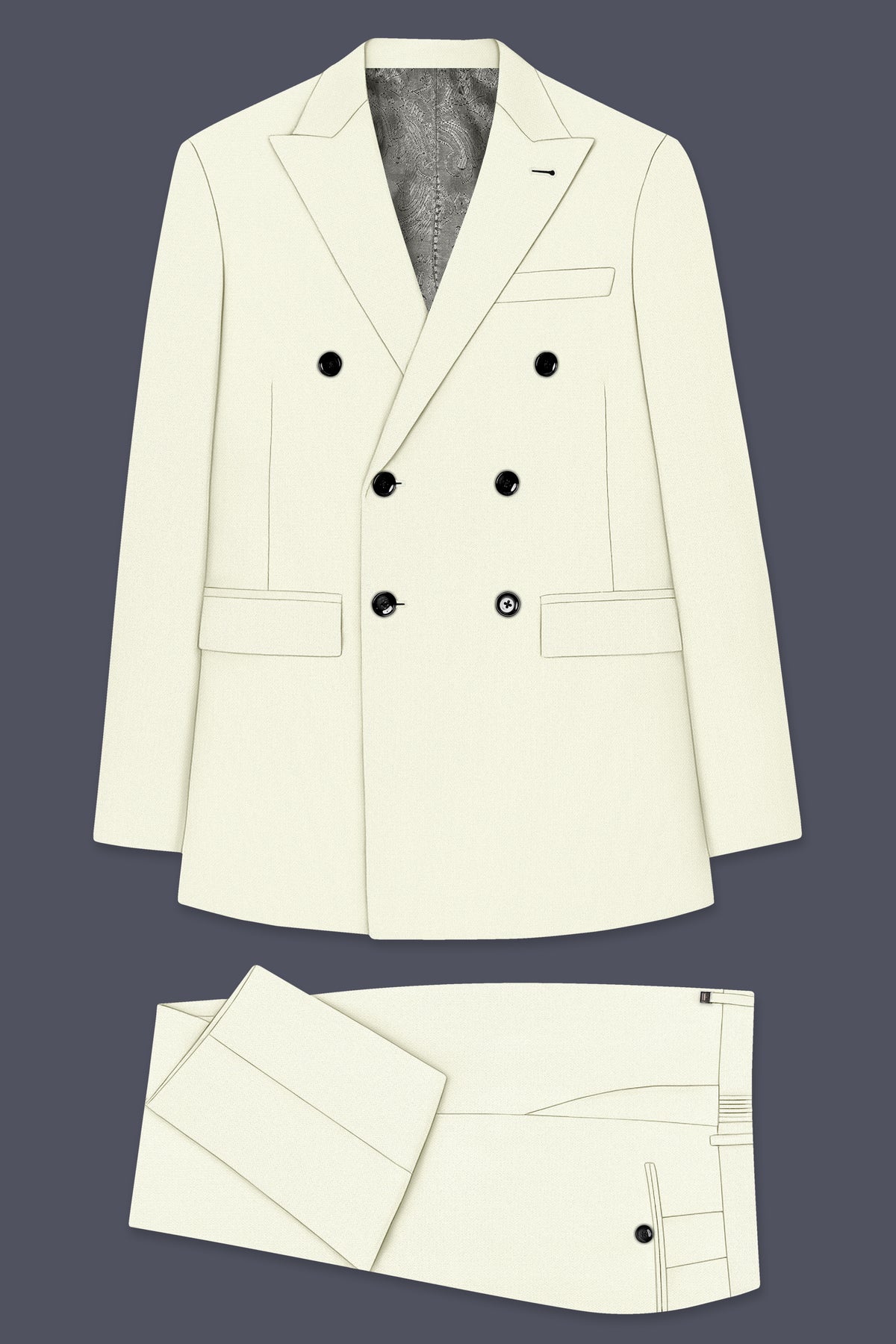 Ecru-Merino Off White Diamond Textured Wool Rich Slight Stretch Double Breasted Suit