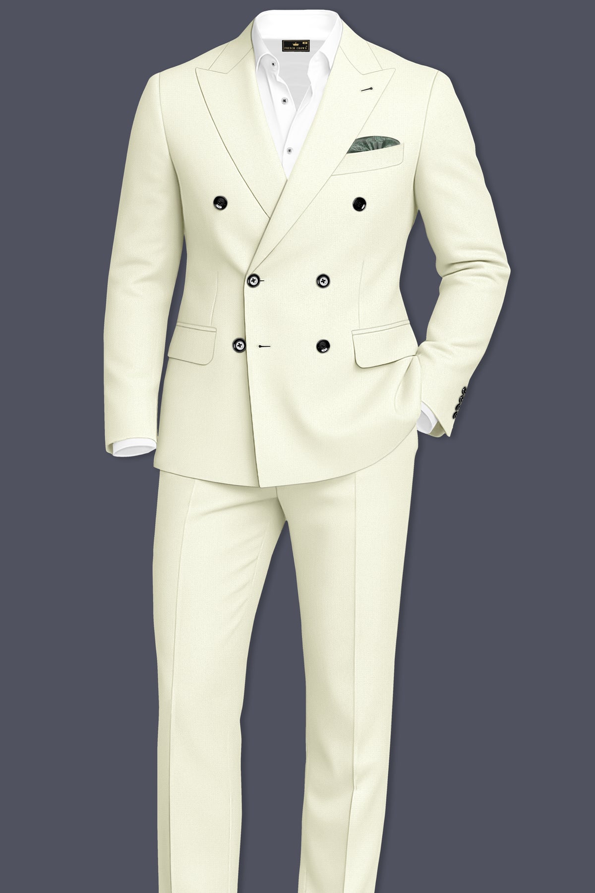 Ecru-Merino Off White Diamond Textured Wool Rich Slight Stretch Double Breasted Suit