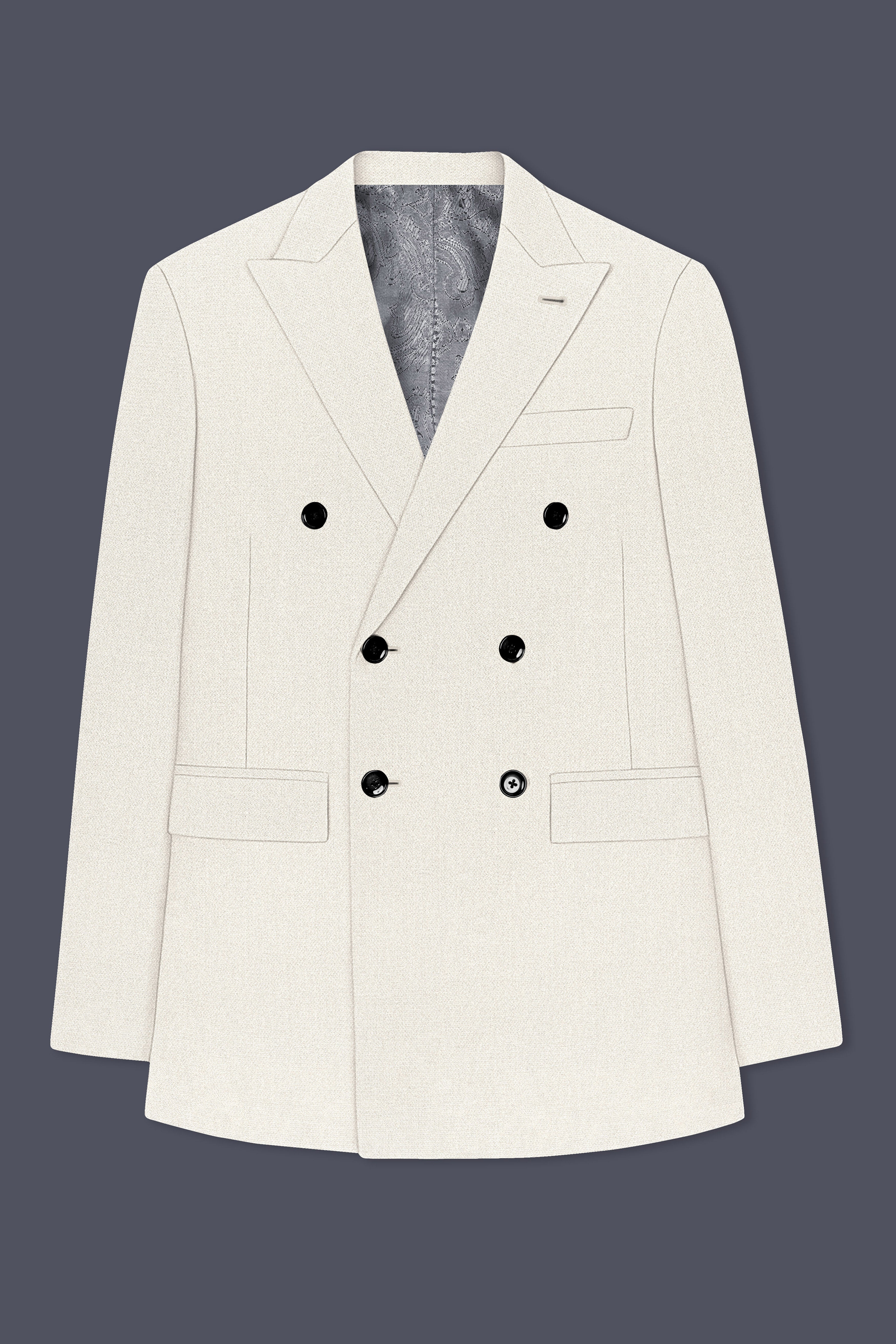 Ecru-Merino Off White Diamond Textured Wool Rich Slight Stretch Double Breasted Suit