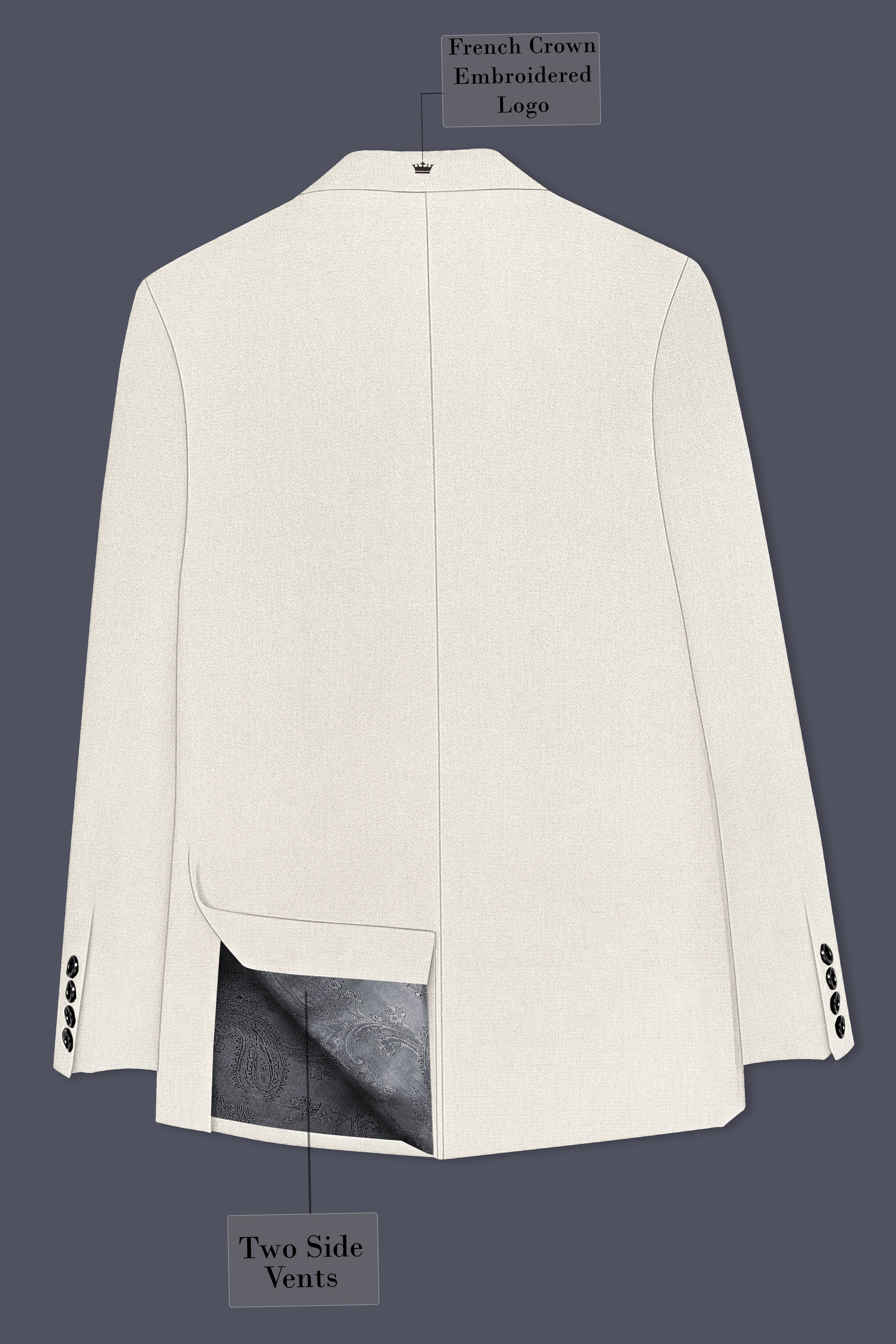 Ecru-Merino Off White Diamond Textured Wool Rich Slight Stretch Double Breasted Suit