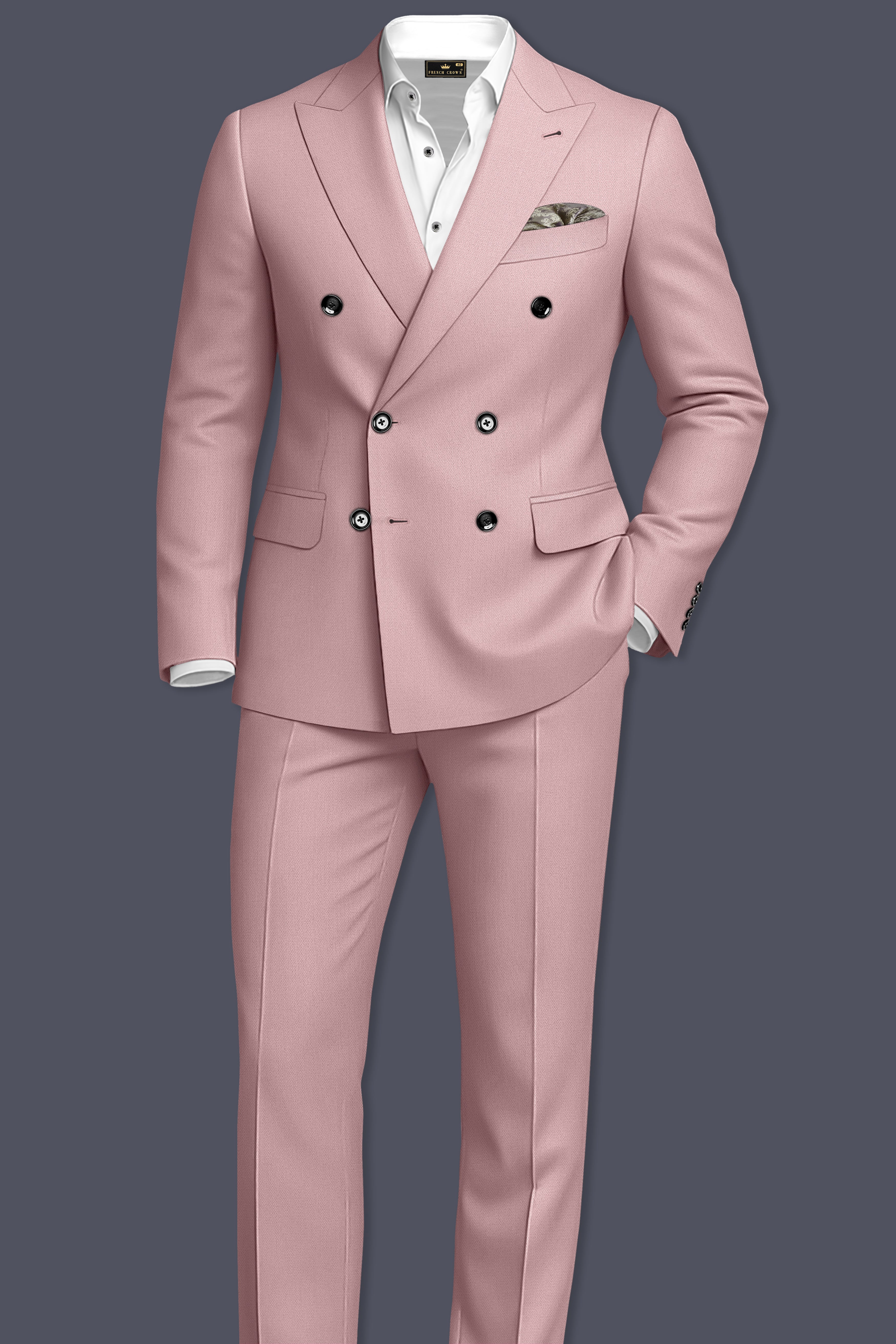 Aurore-Brandy Rose Pink Diamond Textured Wool Rich Slight Stretch Double Breasted Suit