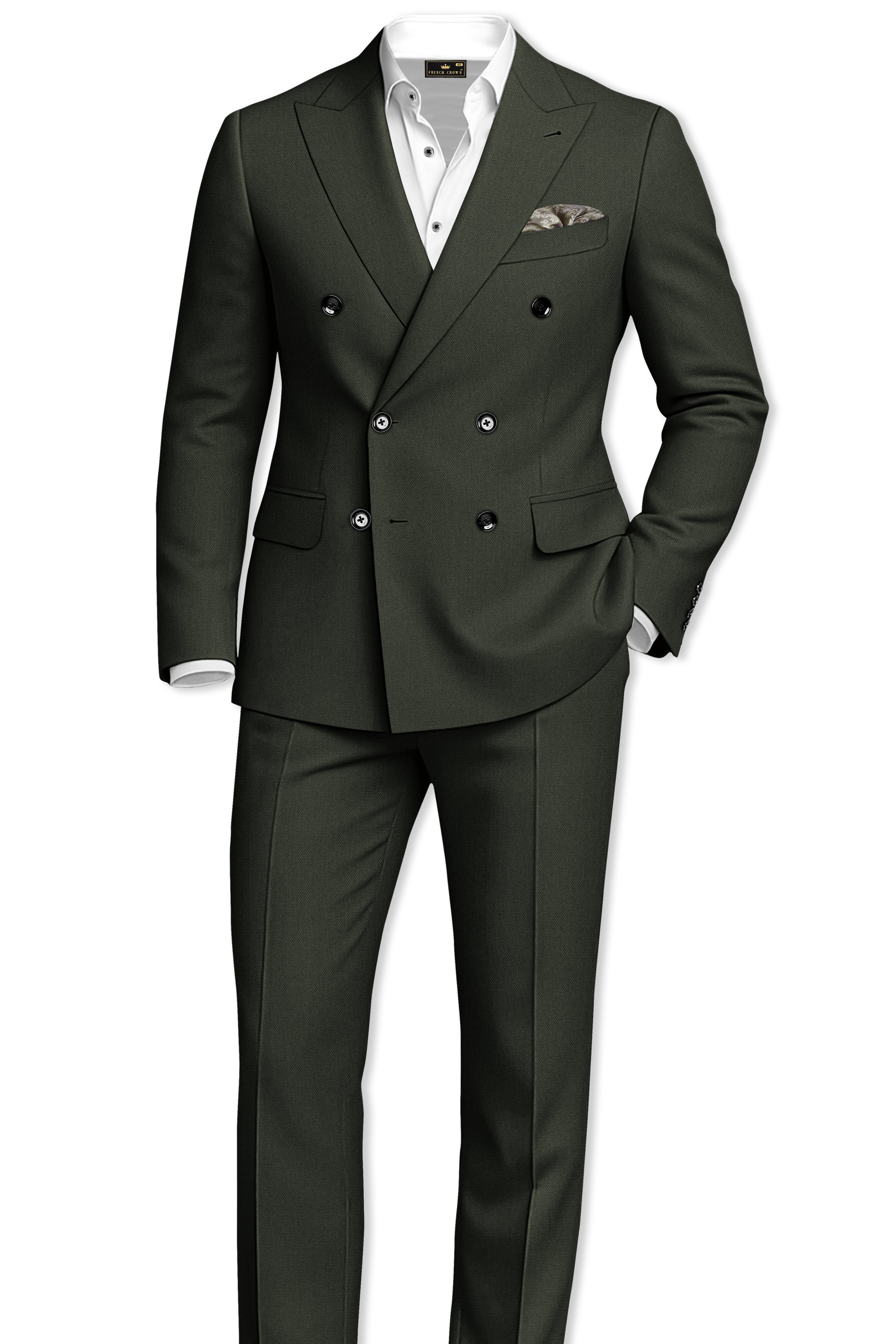 Velaro-Rangoon Green Diamond Textured Wool Rich Slight Stretch Double Breasted Suit