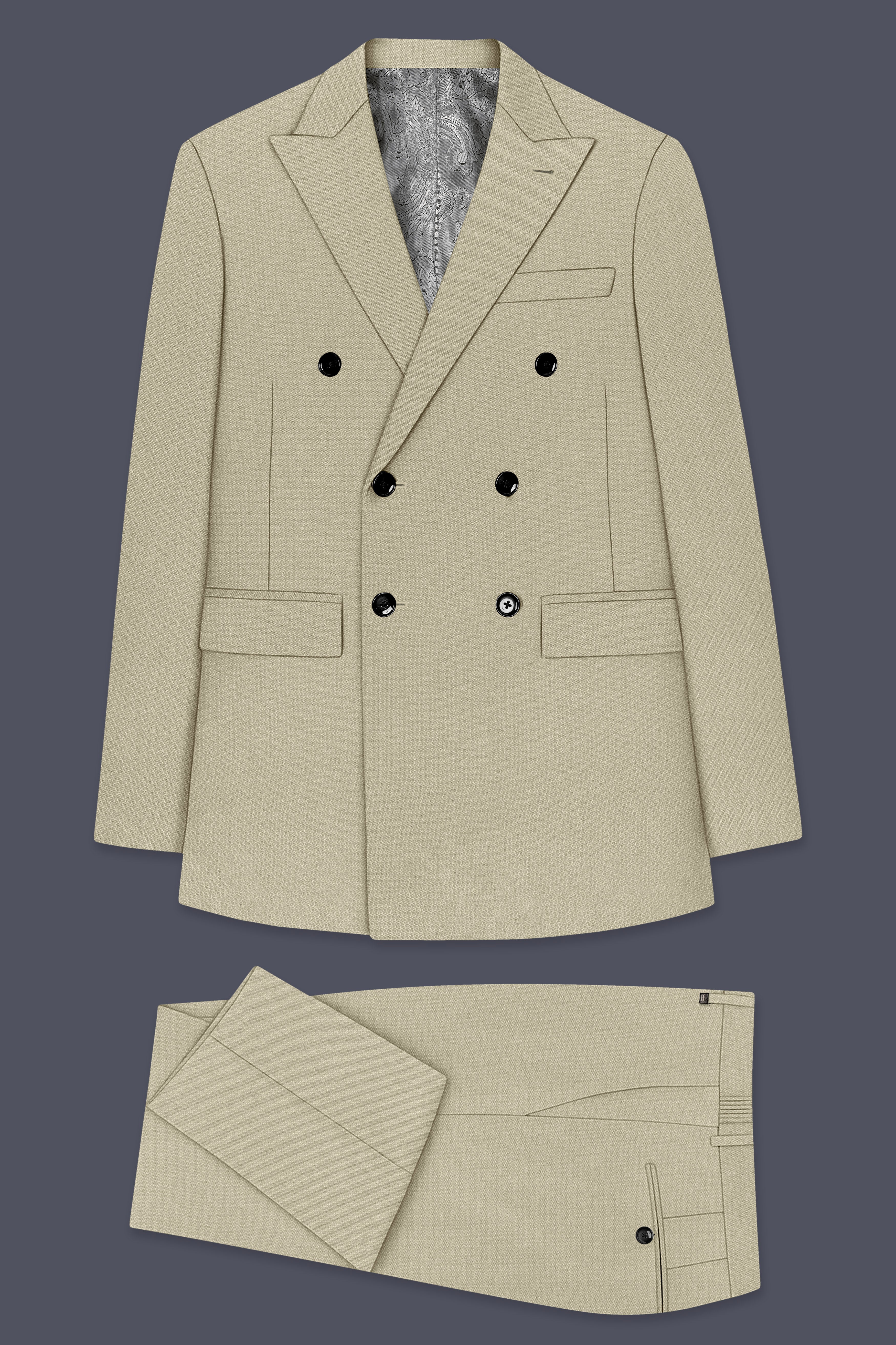 Cedar-Tallow Green Diamond Textured Wool Rich Slight Stretch Double Breasted Suit
