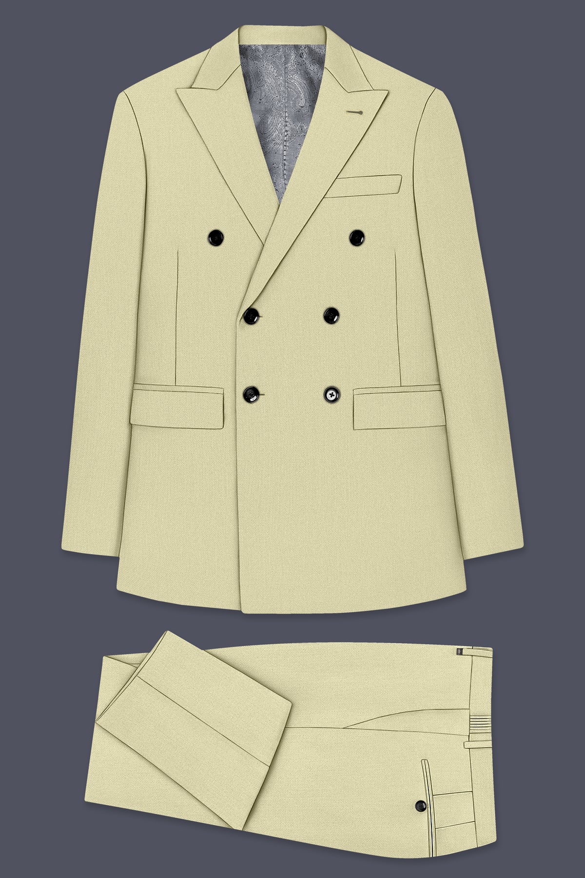 Cedar-Tallow Green Diamond Textured Wool Rich Slight Stretch Double Breasted Suit