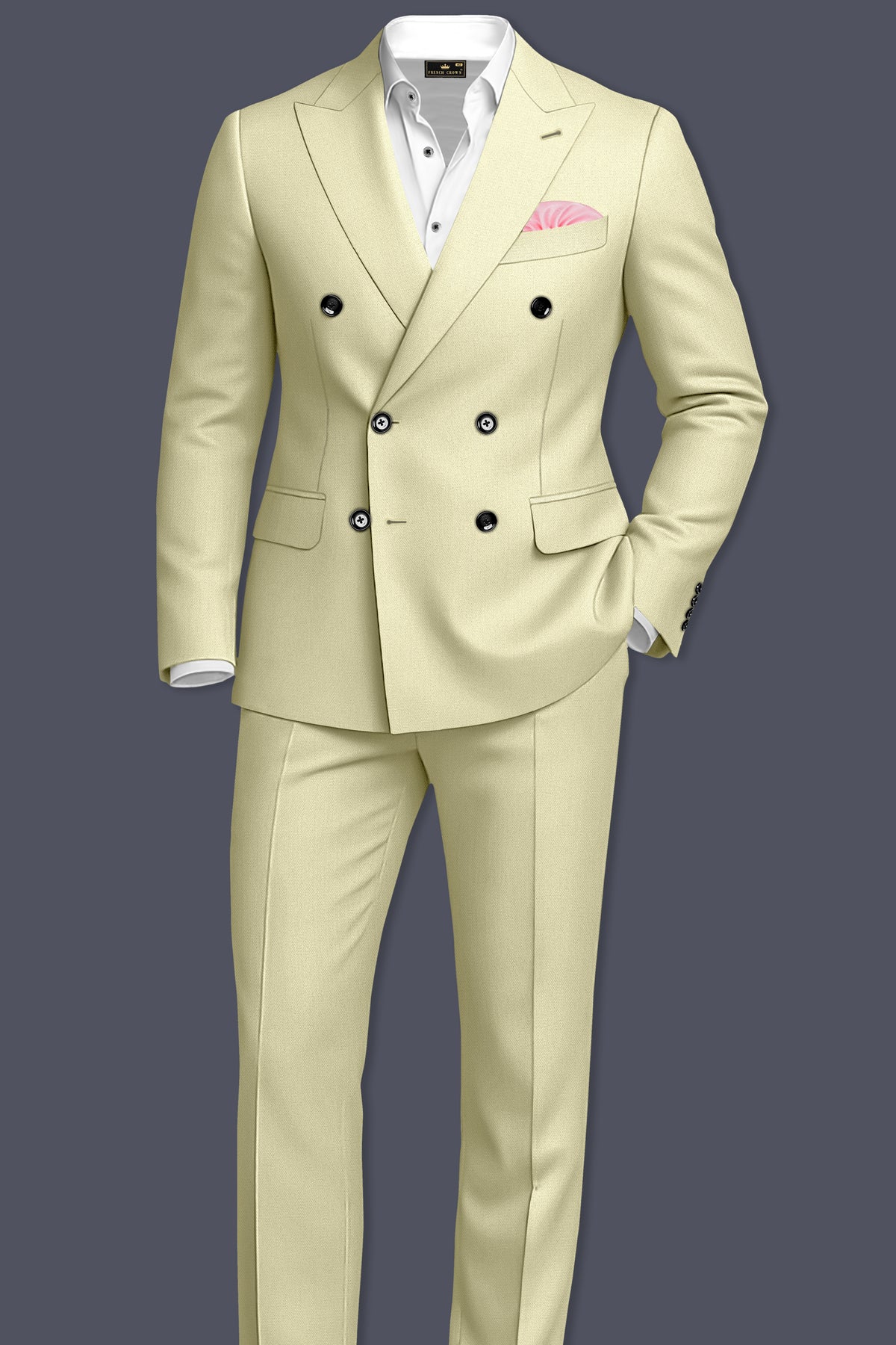 Cedar-Tallow Green Diamond Textured Wool Rich Slight Stretch Double Breasted Suit