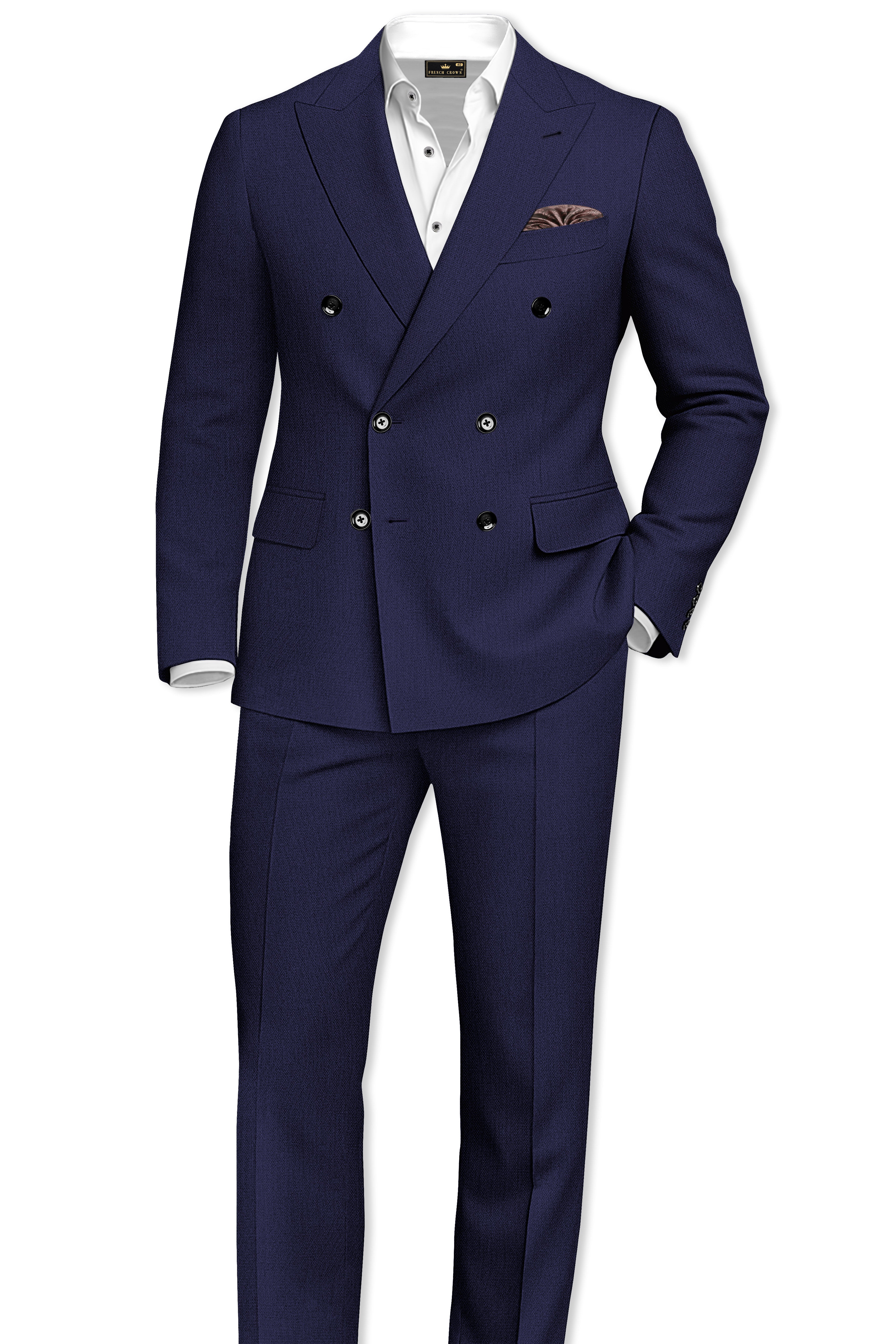 Orion-Vulcan Blue Diamond Textured Wool Rich Slight Stretch Double Breasted Suit