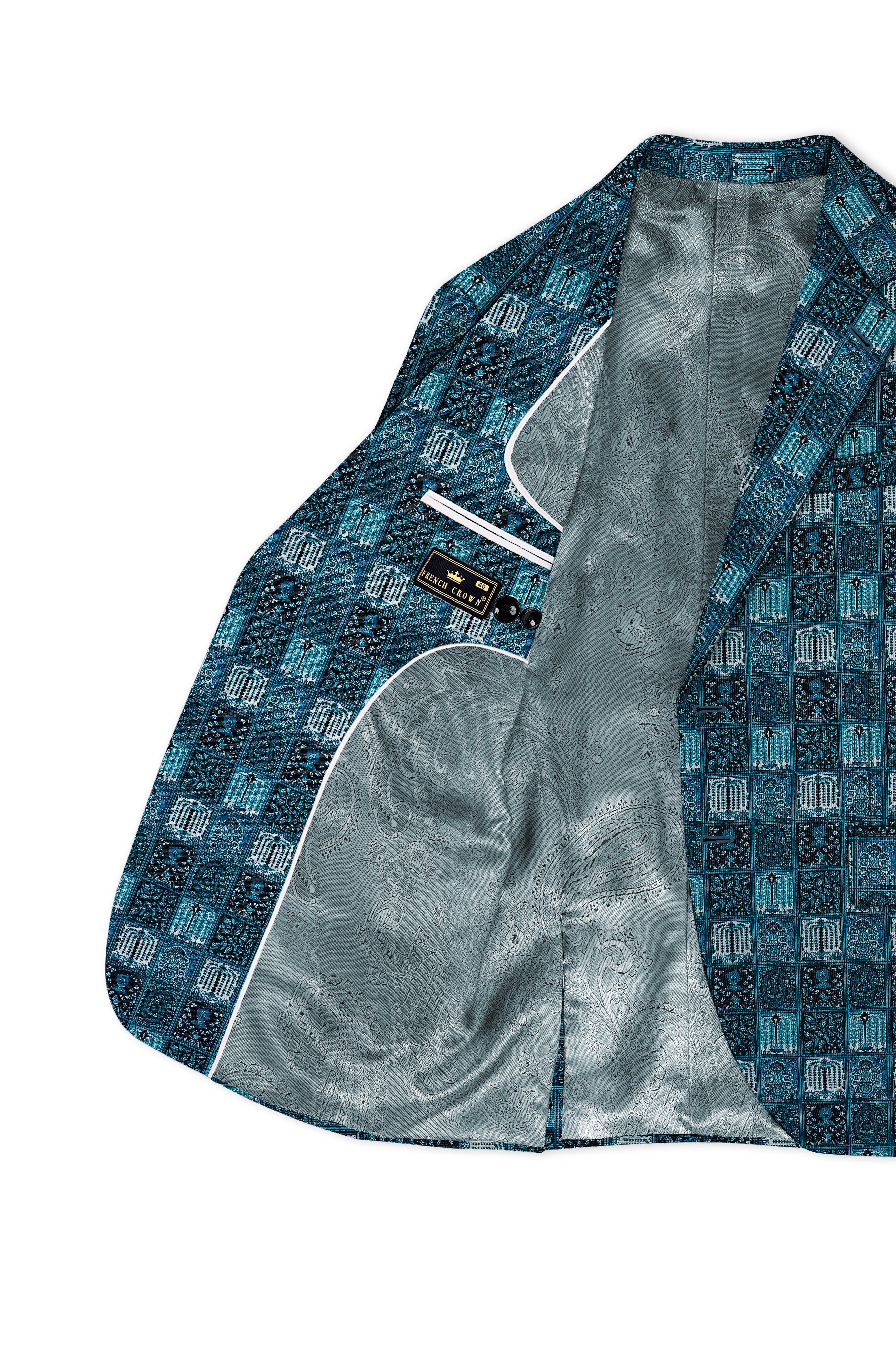 Zenith-Astronaut Blue Geometric Mosaic Printed Wool Rich Single Breasted Suit