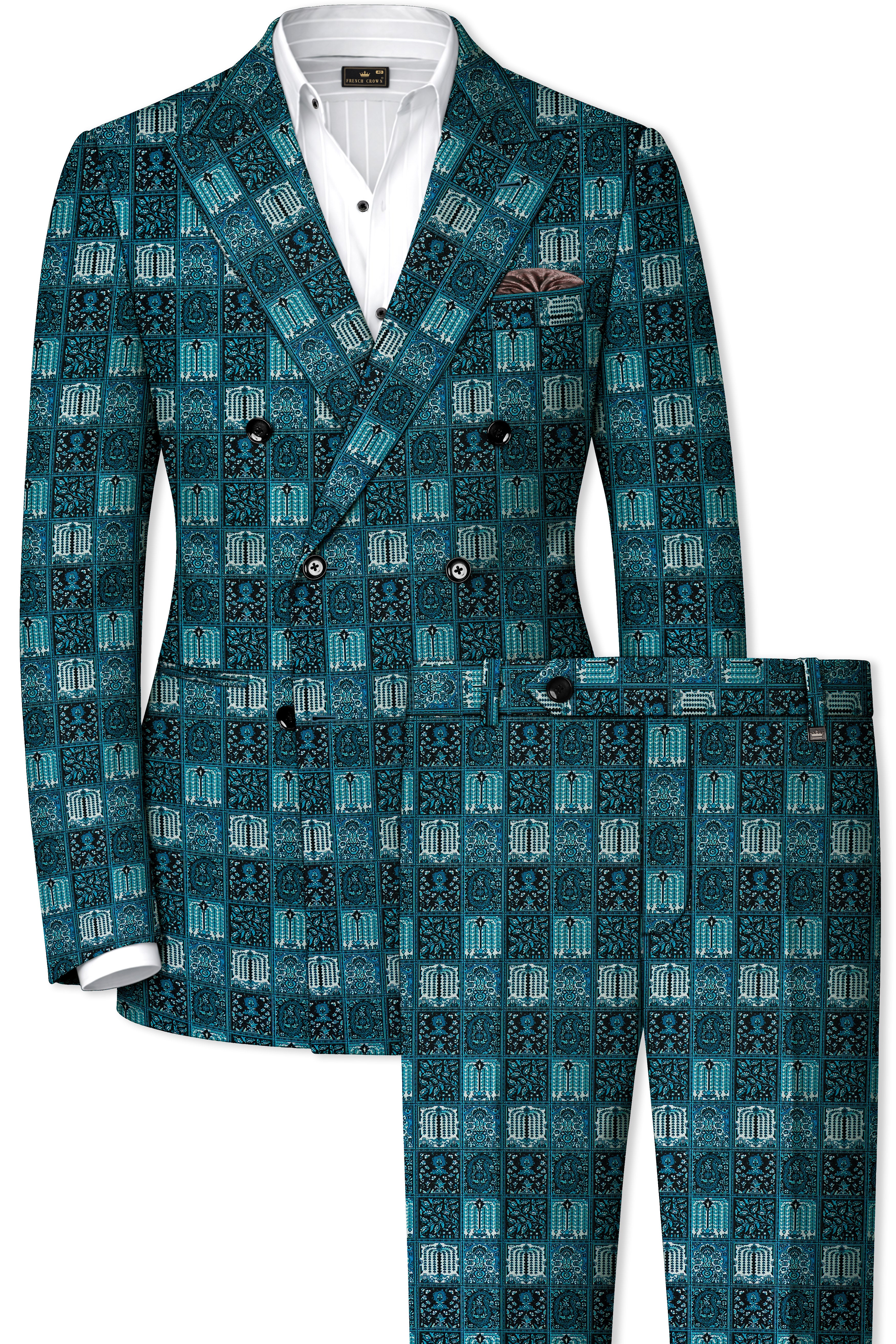 Zenith-Astronaut Blue Geometric Mosaic Printed Wool Rich Double Breasted Suit