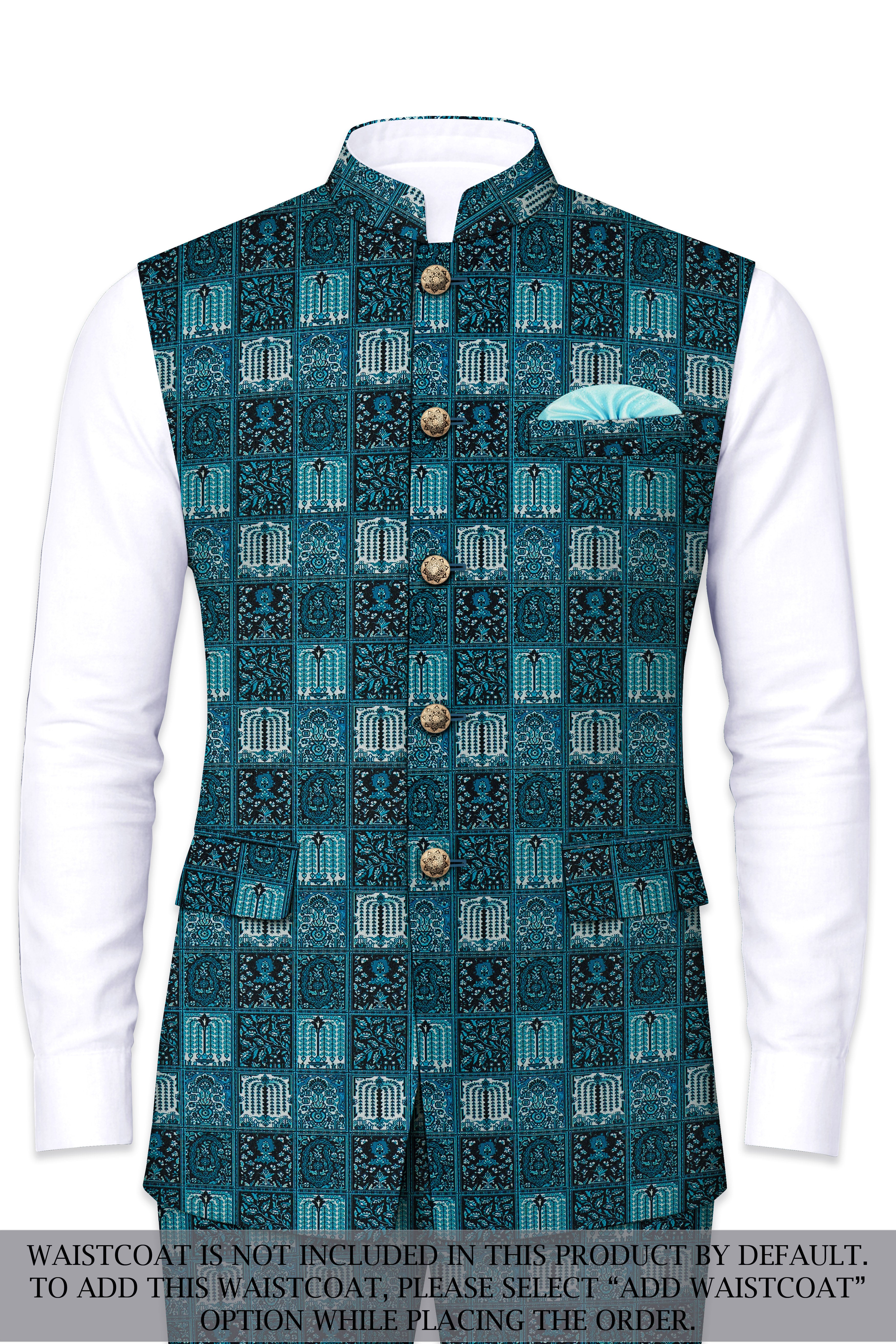 Zenith-Astronaut Blue Geometric Mosaic Printed Wool Rich Slight Stretch Cross Placket Bandhgala Suit