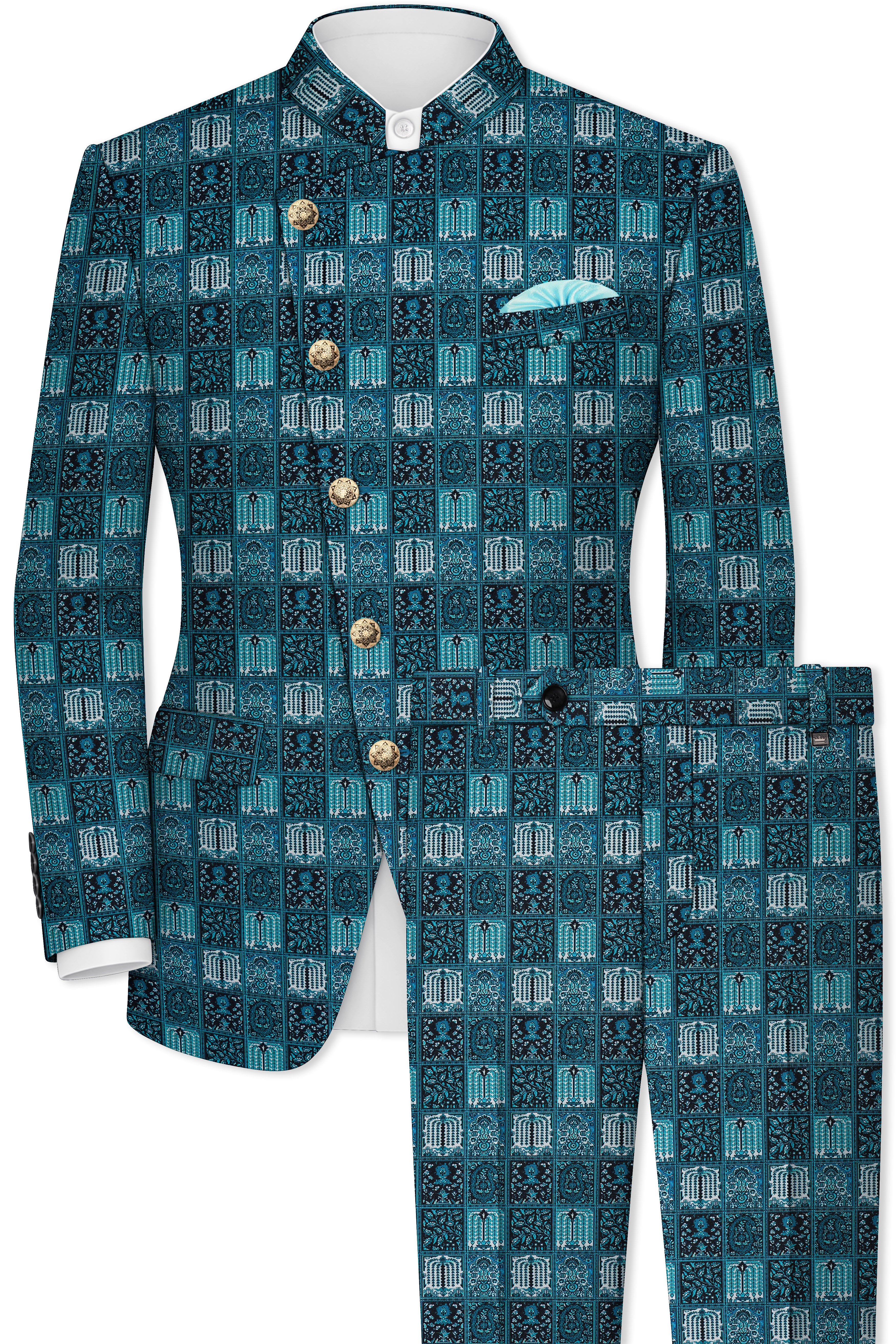 Zenith-Astronaut Blue Geometric Mosaic Printed Wool Rich Slight Stretch Cross Placket Bandhgala Suit
