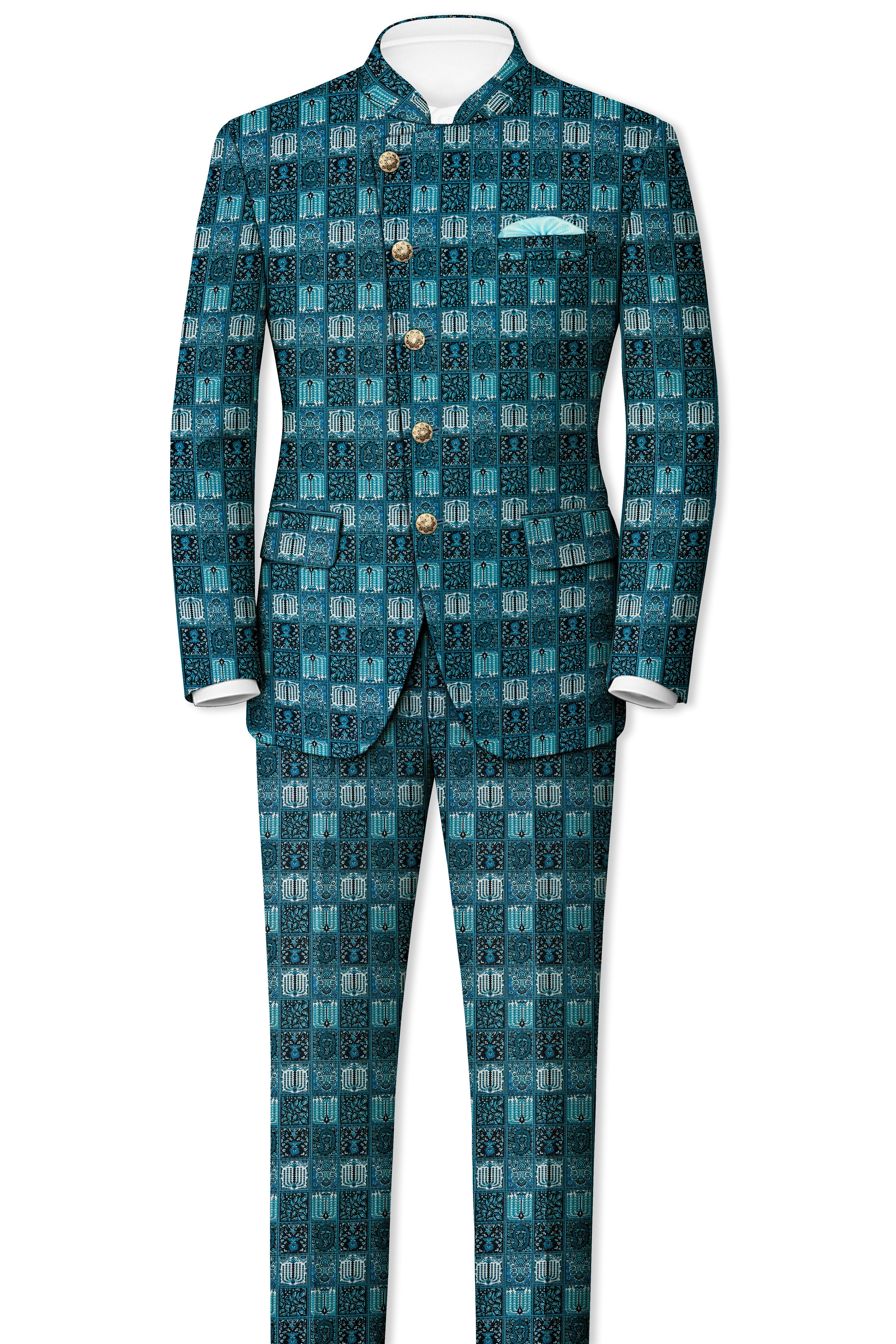 Zenith-Astronaut Blue Geometric Mosaic Printed Wool Rich Slight Stretch Cross Placket Bandhgala Suit