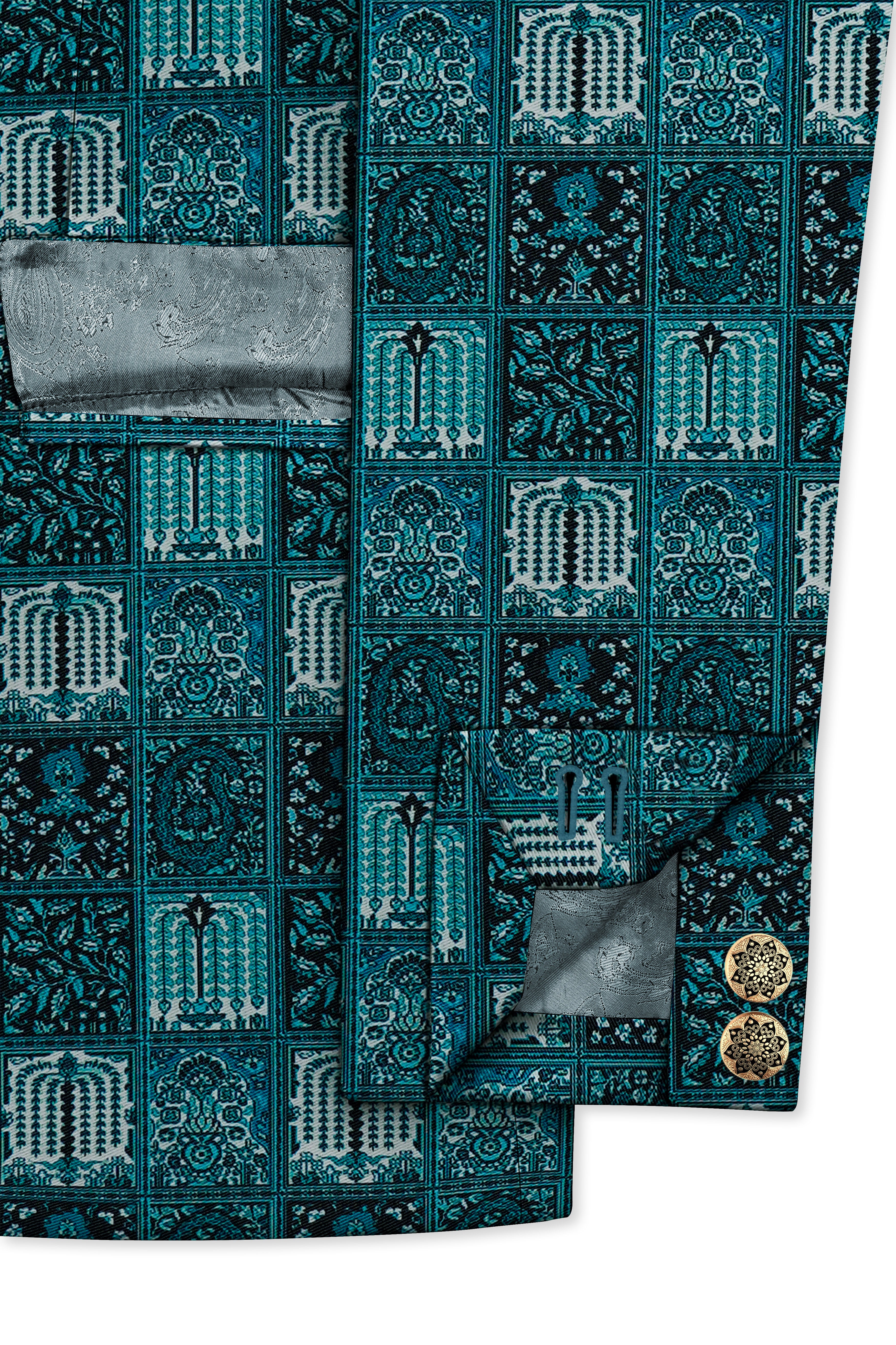Zenith-Astronaut Blue Geometric Mosaic Printed Wool Rich Slight Stretch Cross Placket Bandhgala Suit