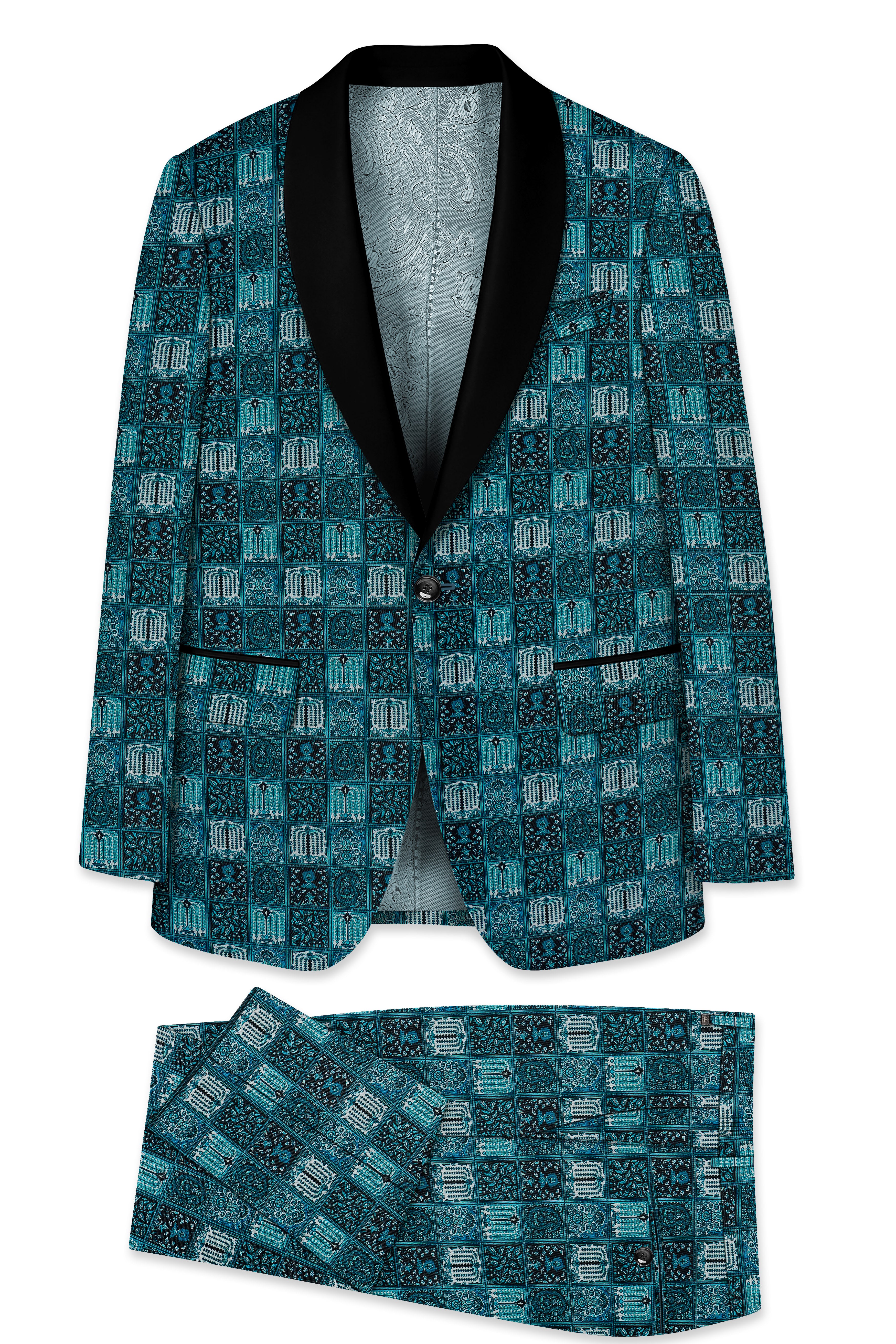 Zenith-Astronaut Blue Geometric Mosaic Printed Wool Rich Tuxedo Suit