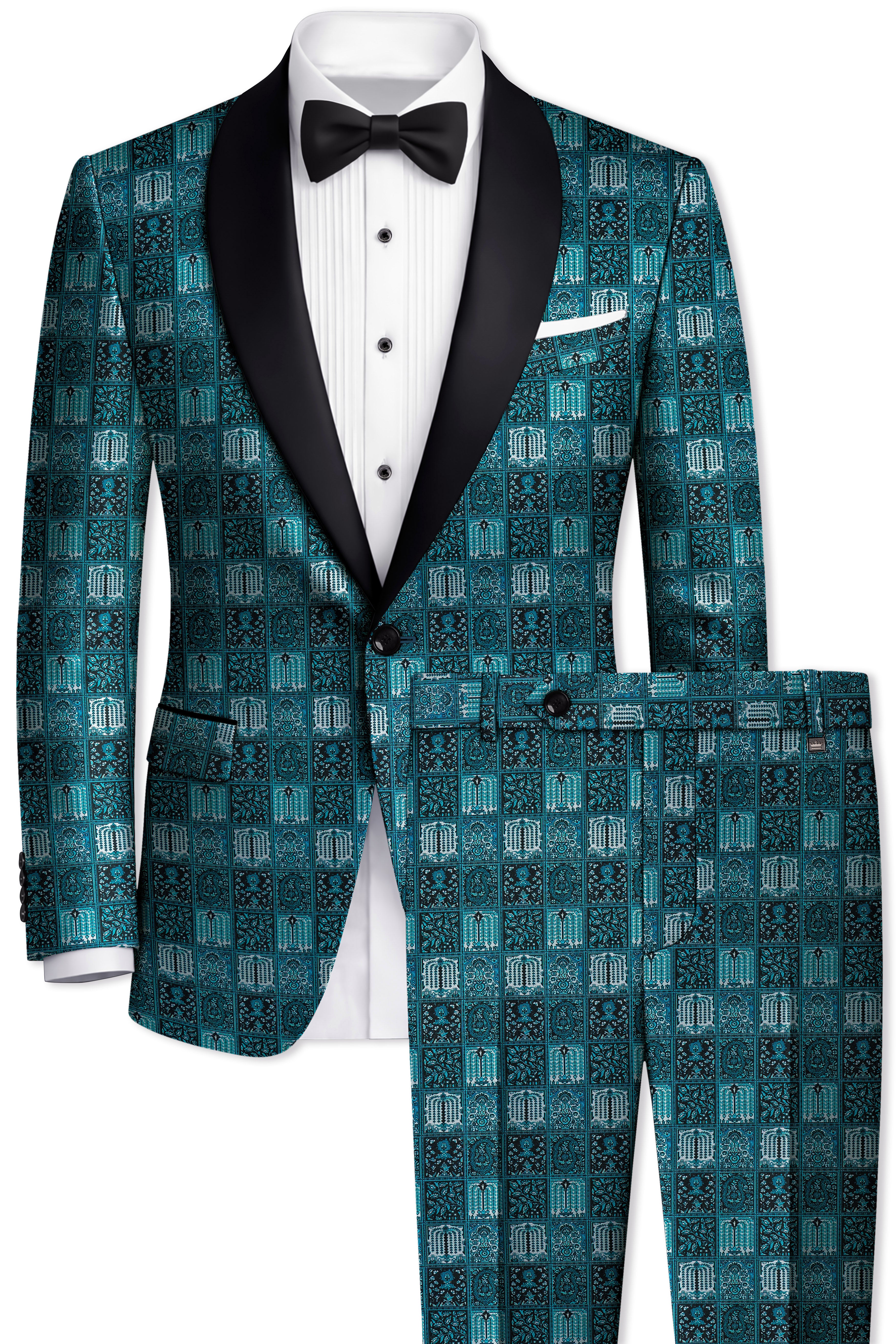 Zenith-Astronaut Blue Geometric Mosaic Printed Wool Rich Tuxedo Suit
