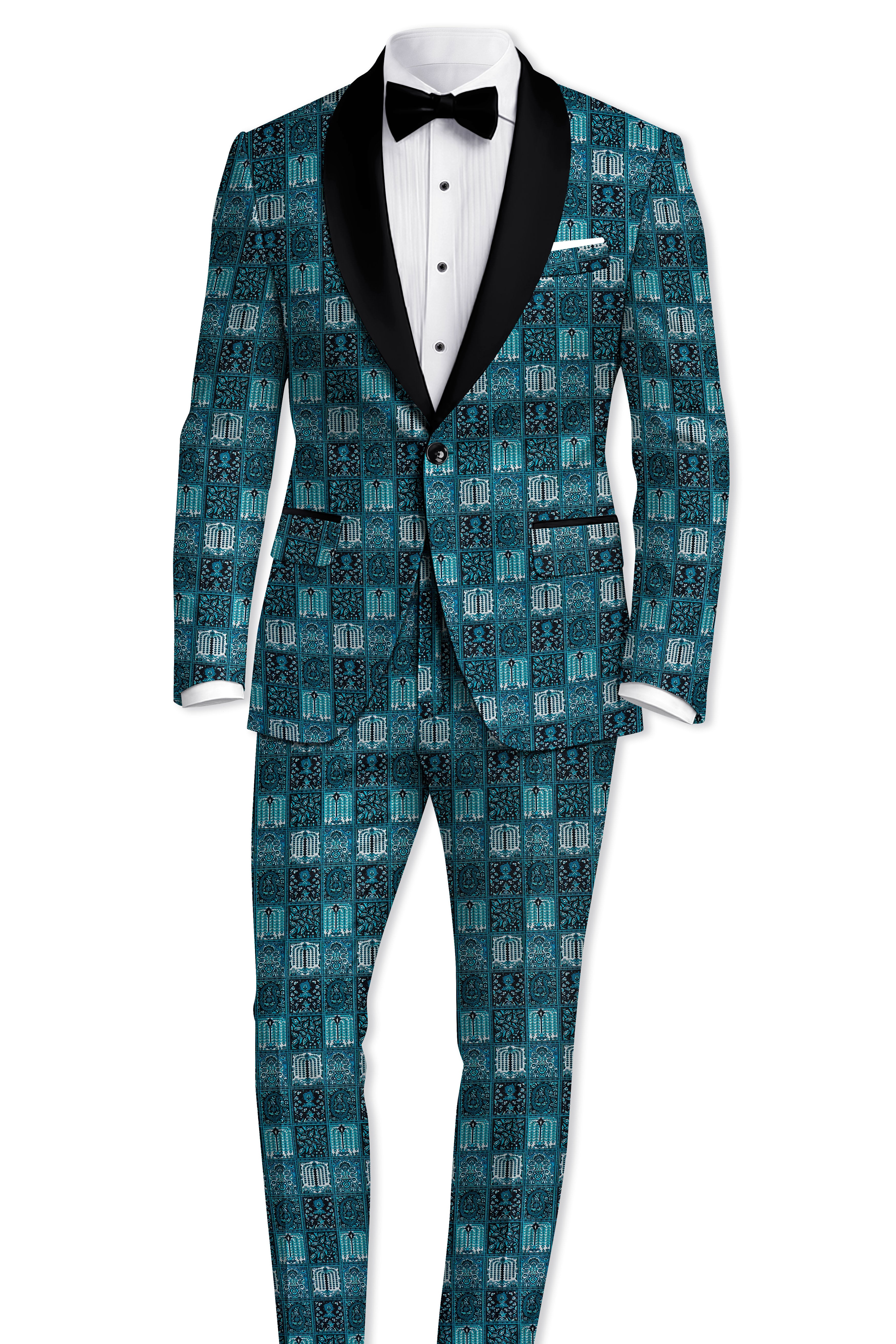 Zenith-Astronaut Blue Geometric Mosaic Printed Wool Rich Tuxedo Suit