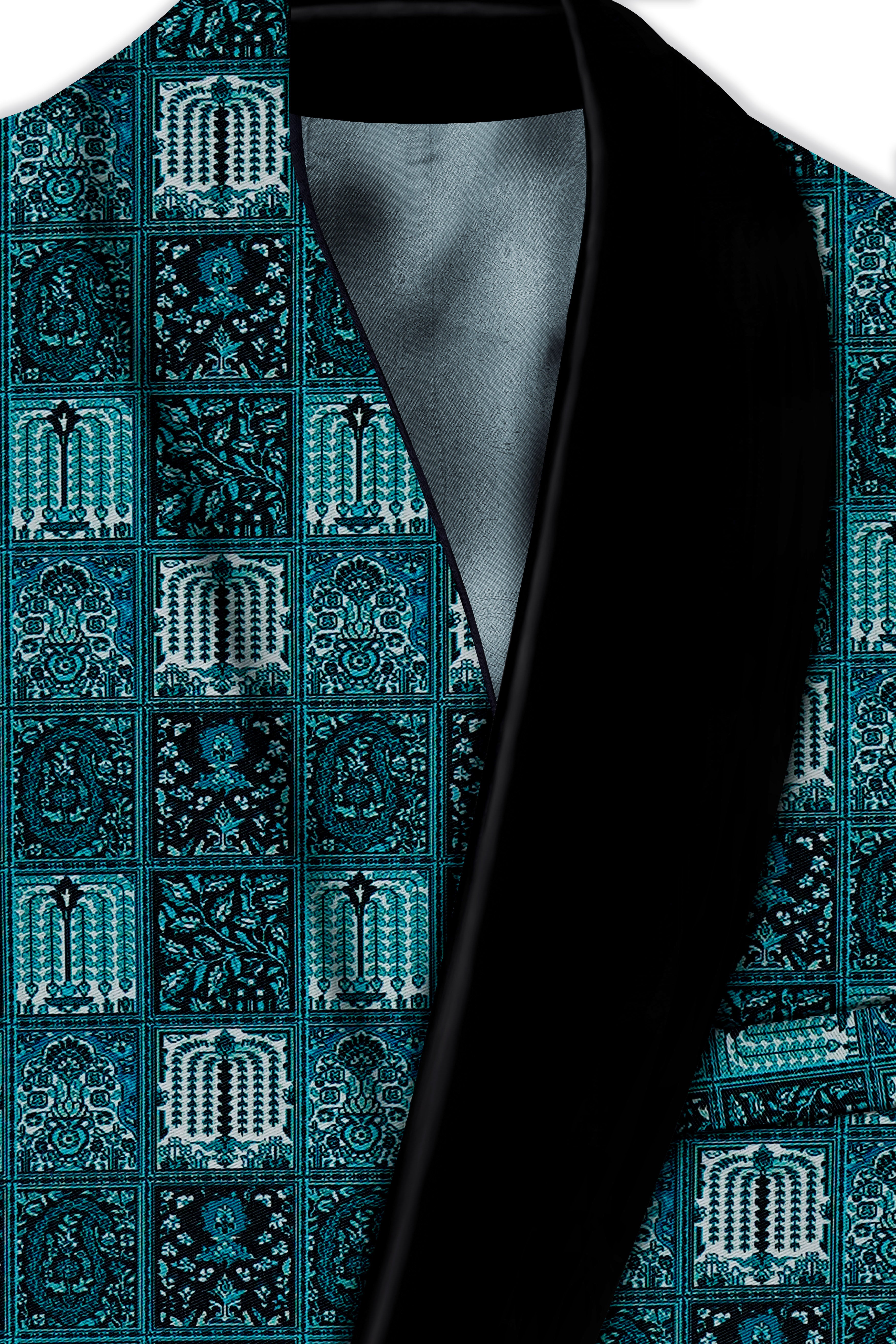 Zenith-Astronaut Blue Geometric Mosaic Printed Wool Rich Tuxedo Suit