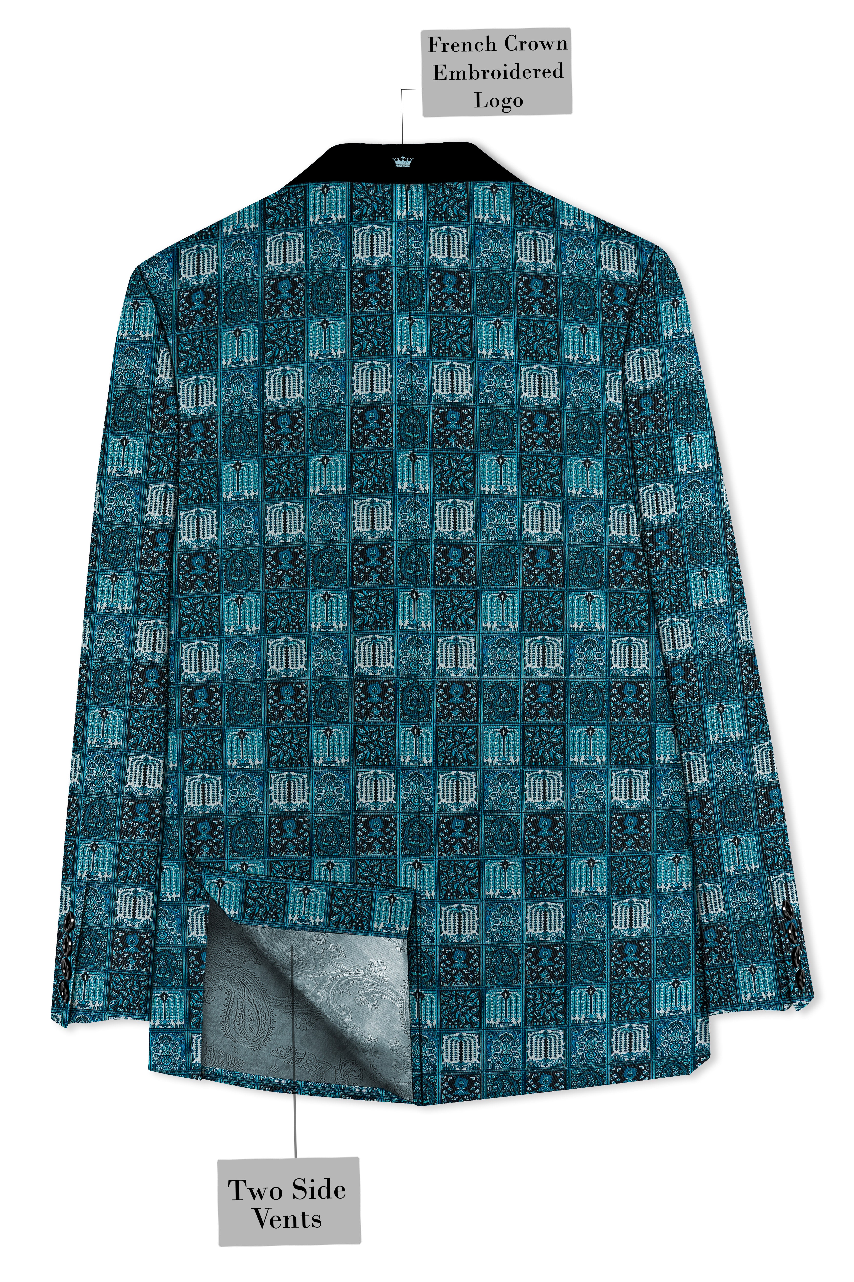 Zenith-Astronaut Blue Geometric Mosaic Printed Wool Rich Tuxedo Suit