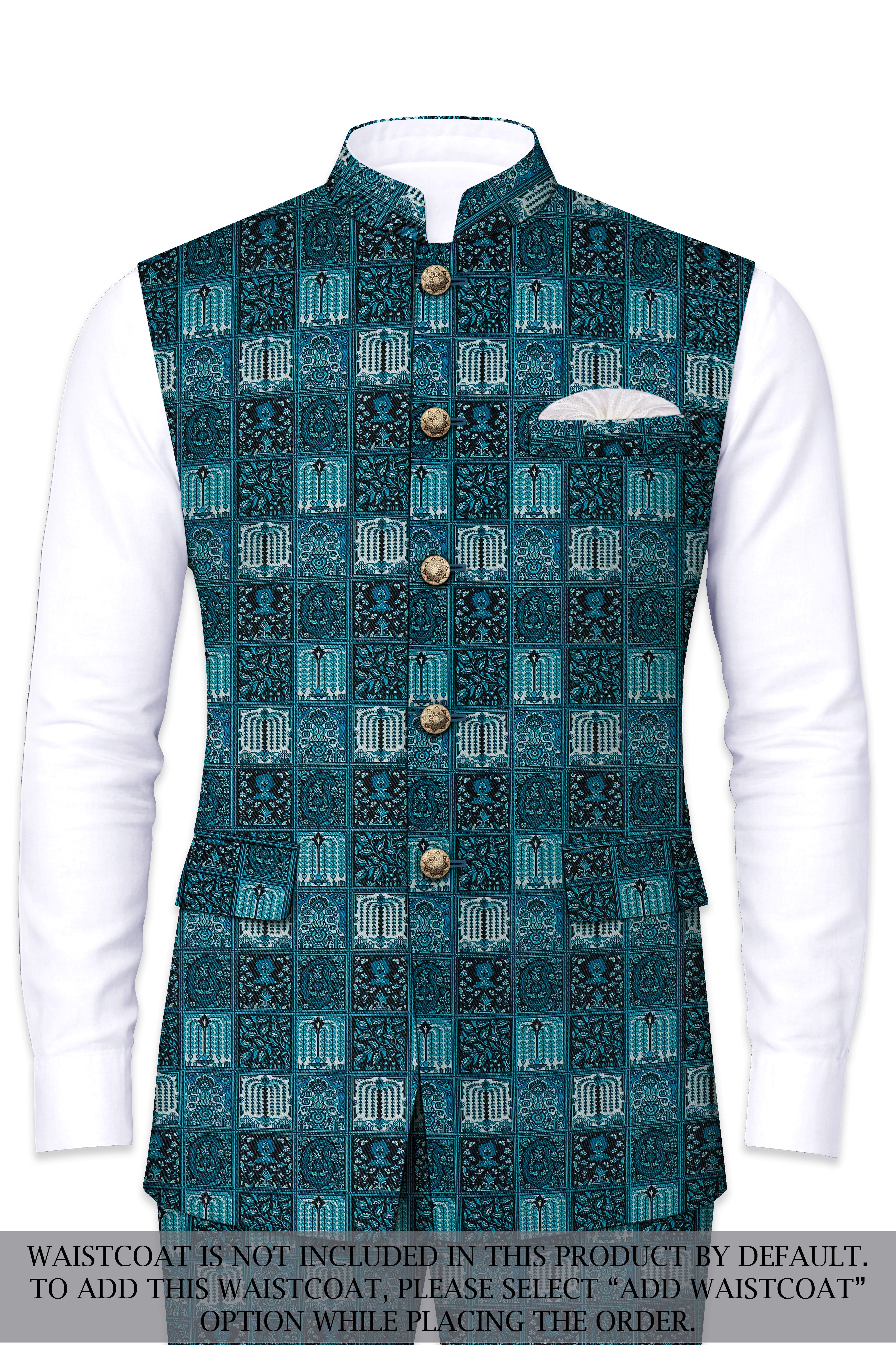 Zenith-Astronaut Blue Geometric Mosaic Printed Wool Rich Bandhgala Suit