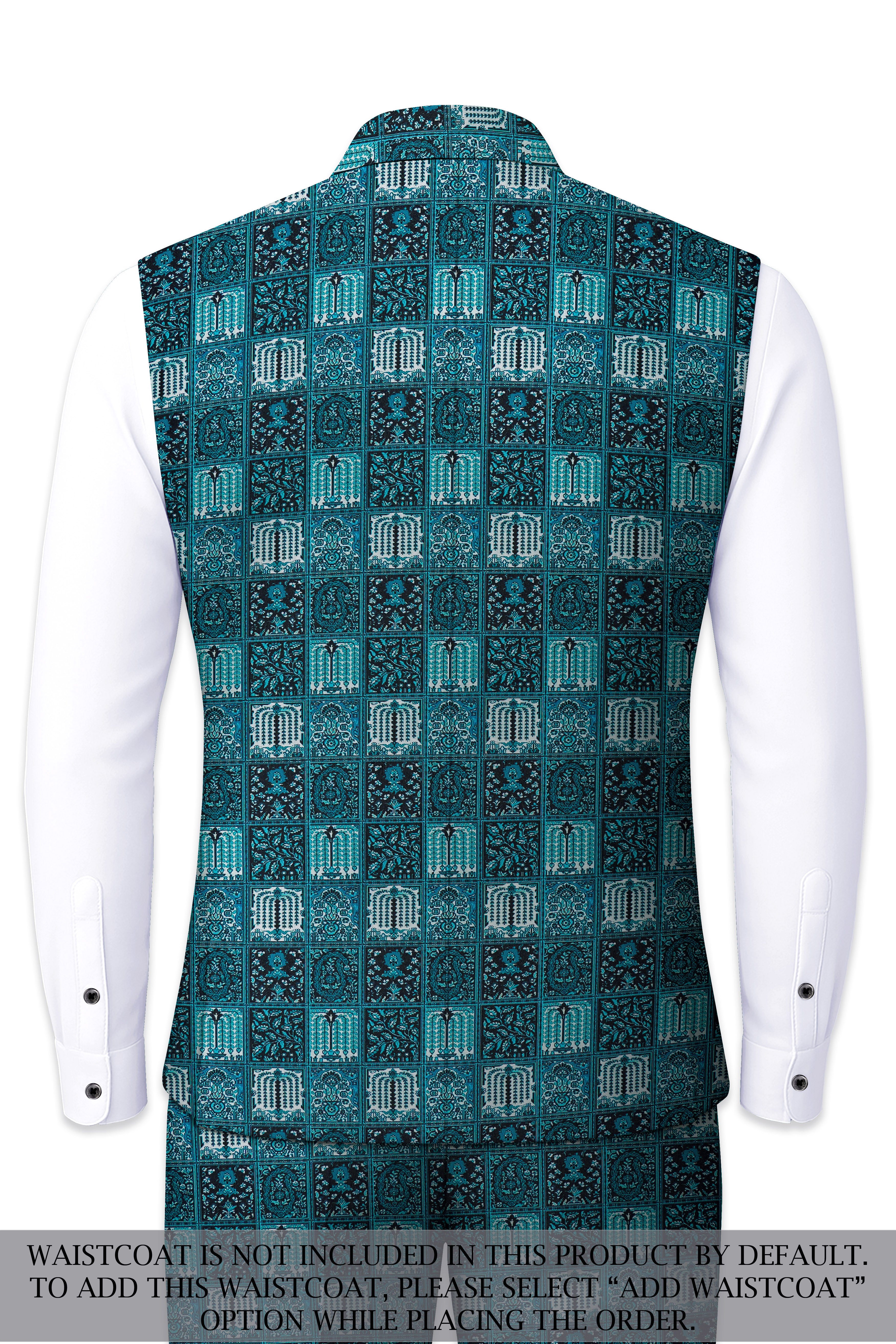 Zenith-Astronaut Blue Geometric Mosaic Printed Wool Rich Bandhgala Suit