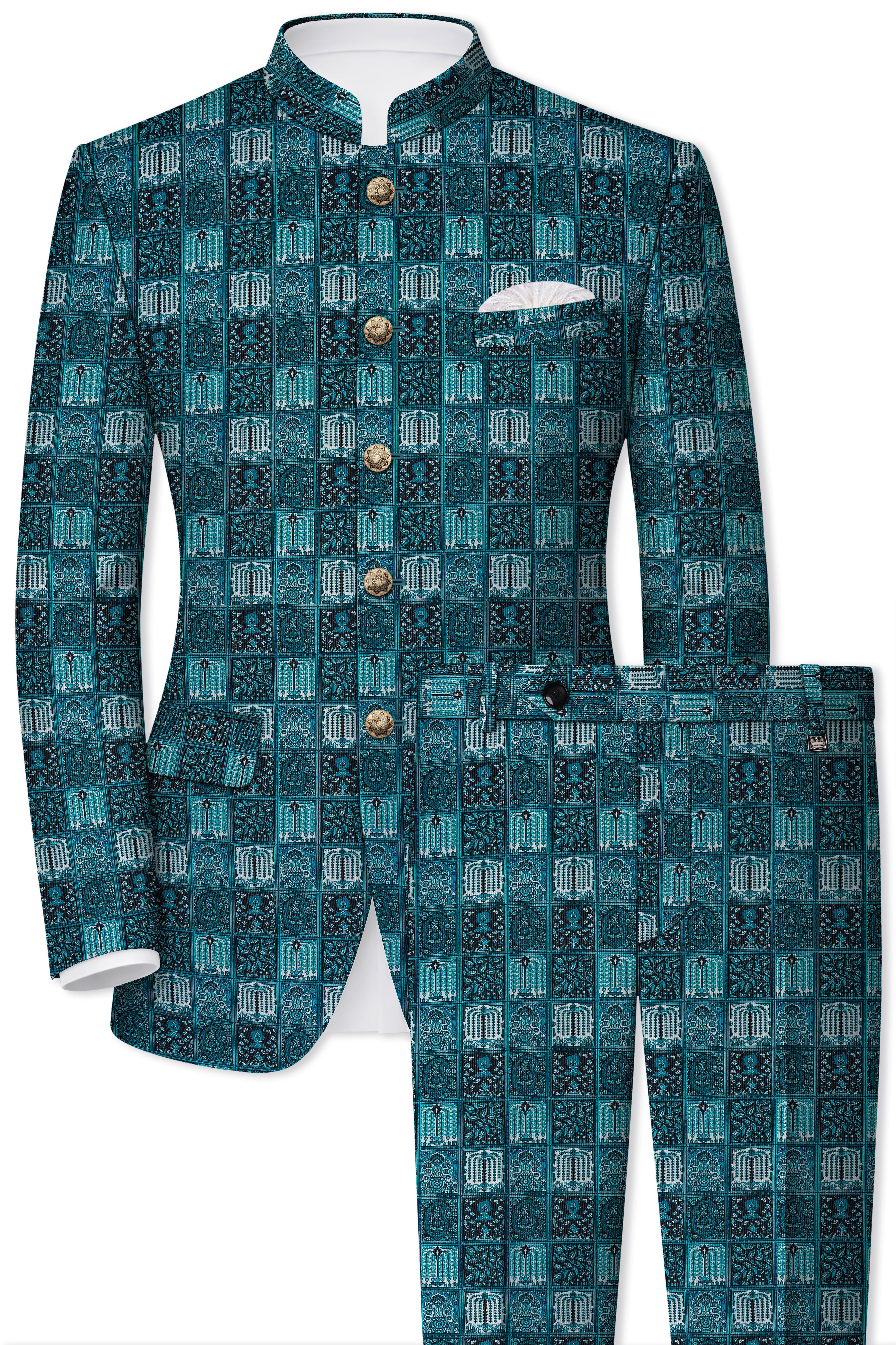 Zenith-Astronaut Blue Geometric Mosaic Printed Wool Rich Bandhgala Suit