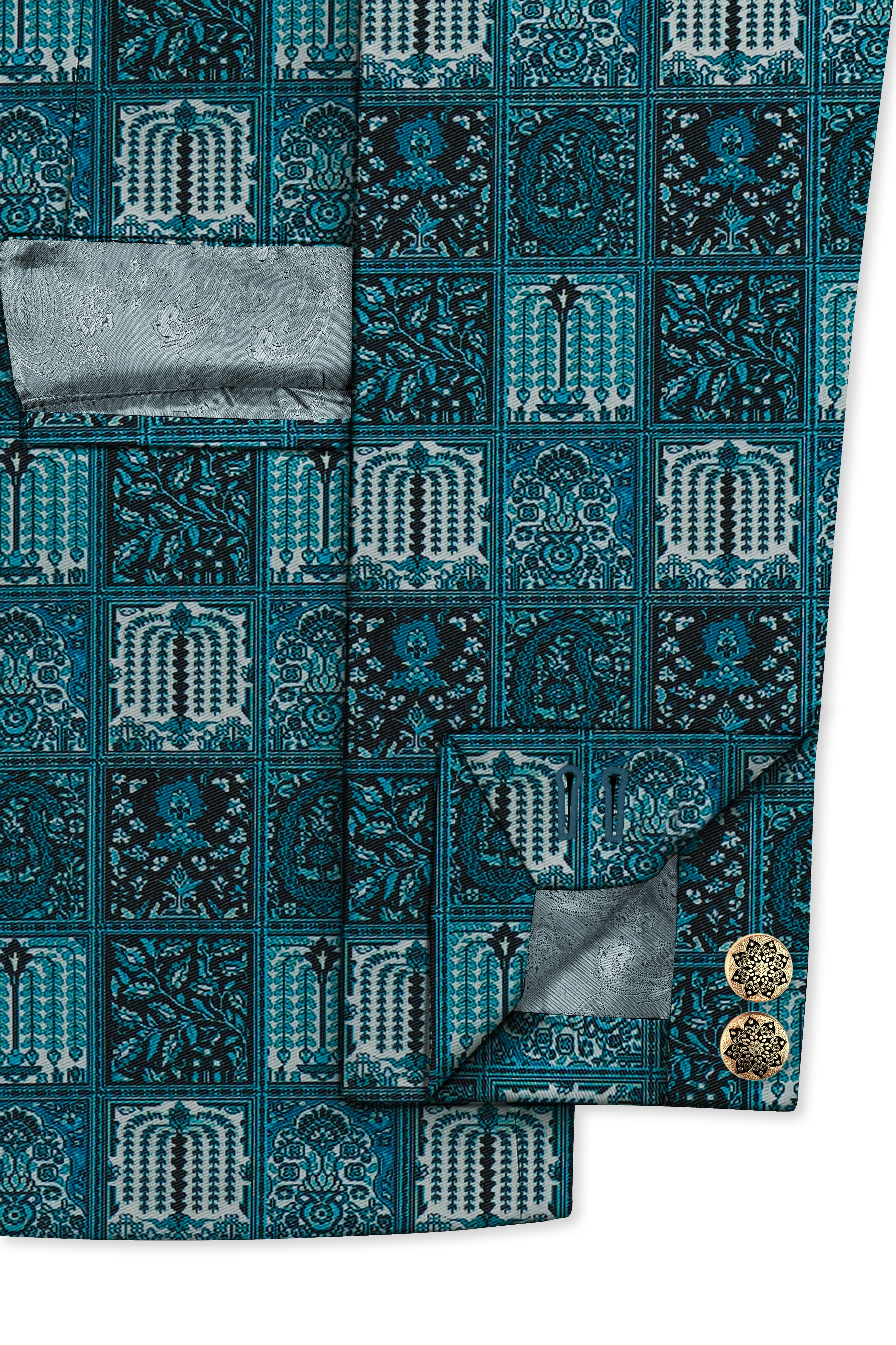 Zenith-Astronaut Blue Geometric Mosaic Printed Wool Rich Bandhgala Suit