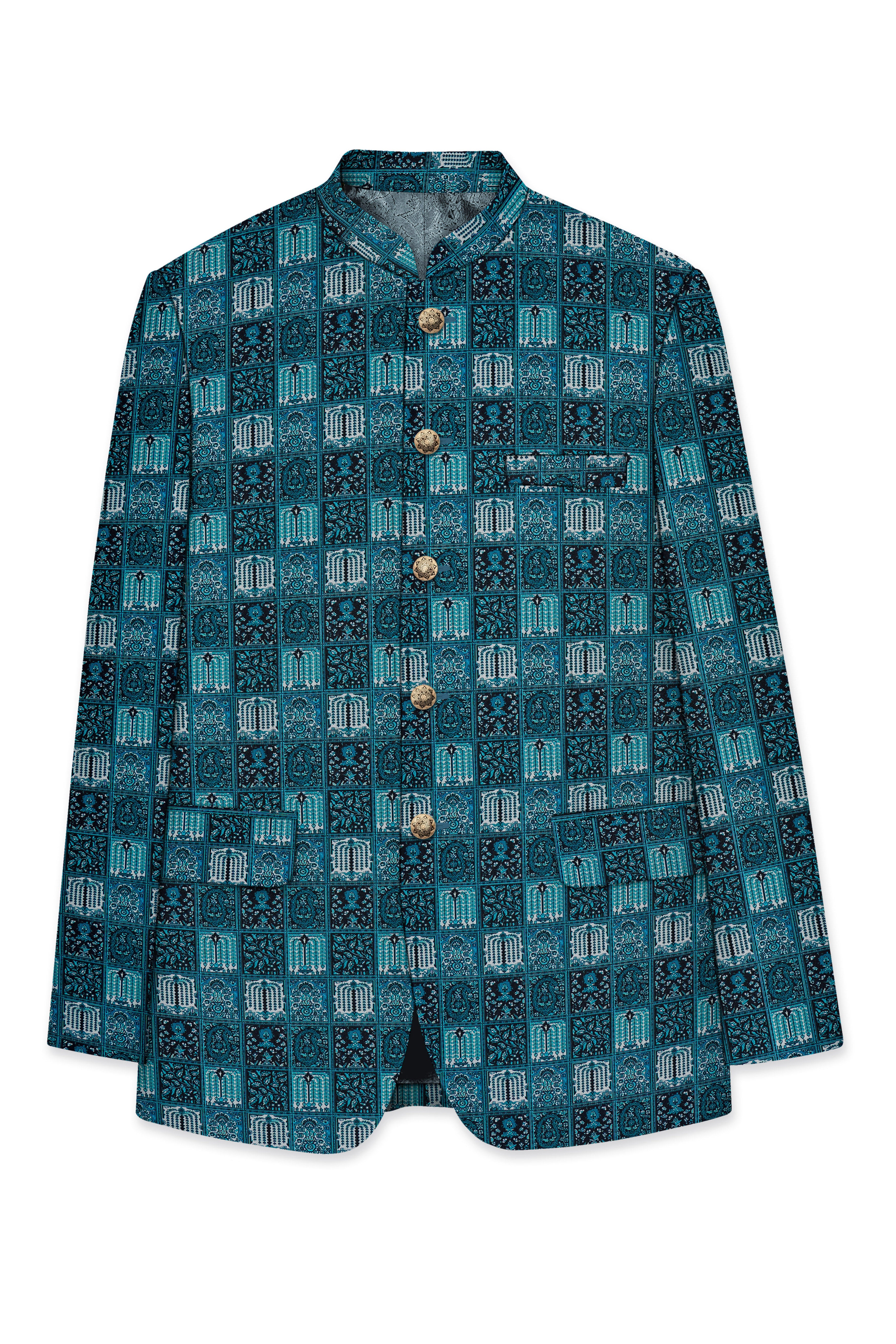 Zenith-Astronaut Blue Geometric Mosaic Printed Wool Rich Bandhgala Suit