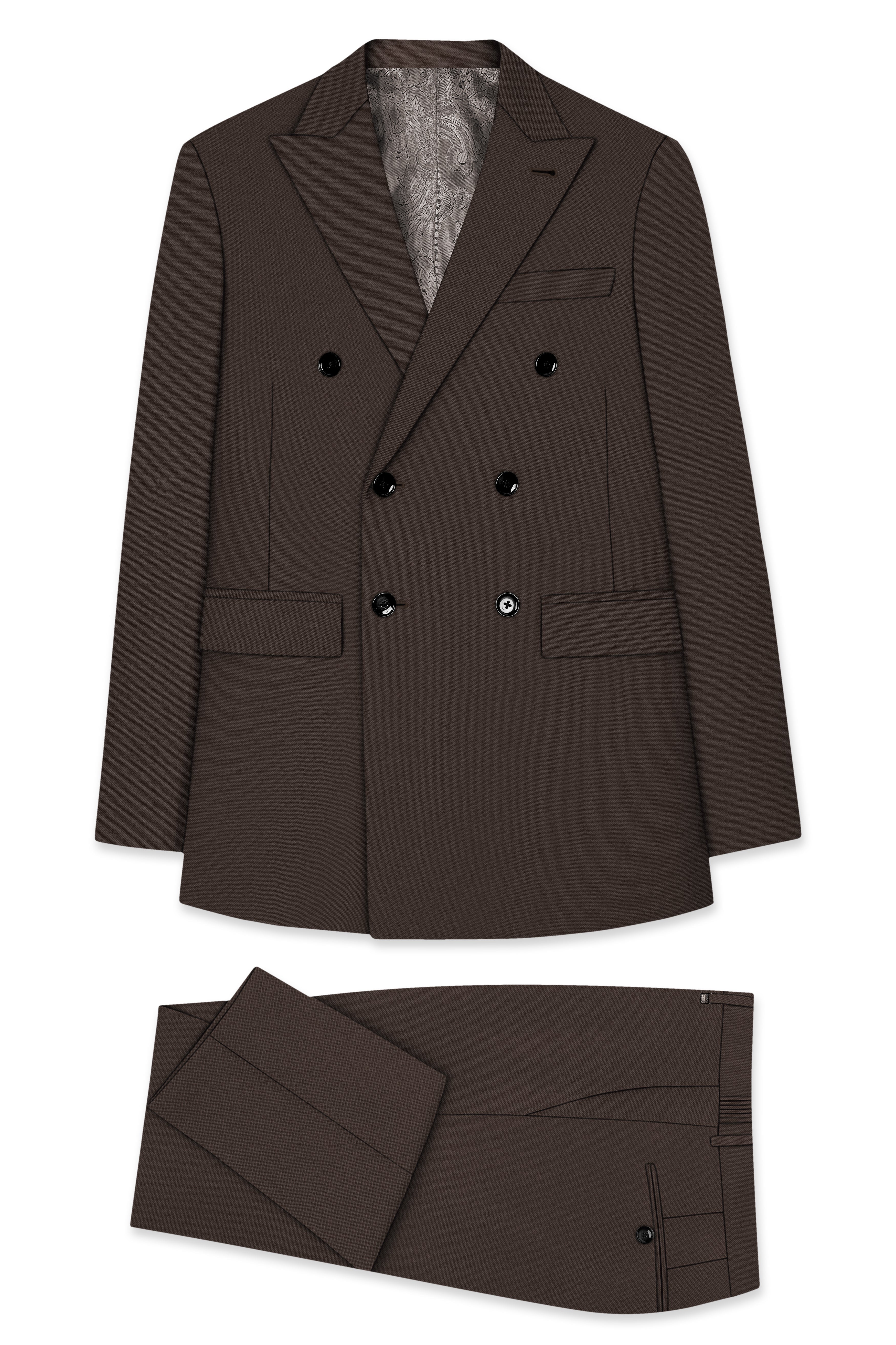 Serein-Korean Taupe Brown 4-Way Stretch Wrinkle-Free Wool Rich Double Breasted Suit