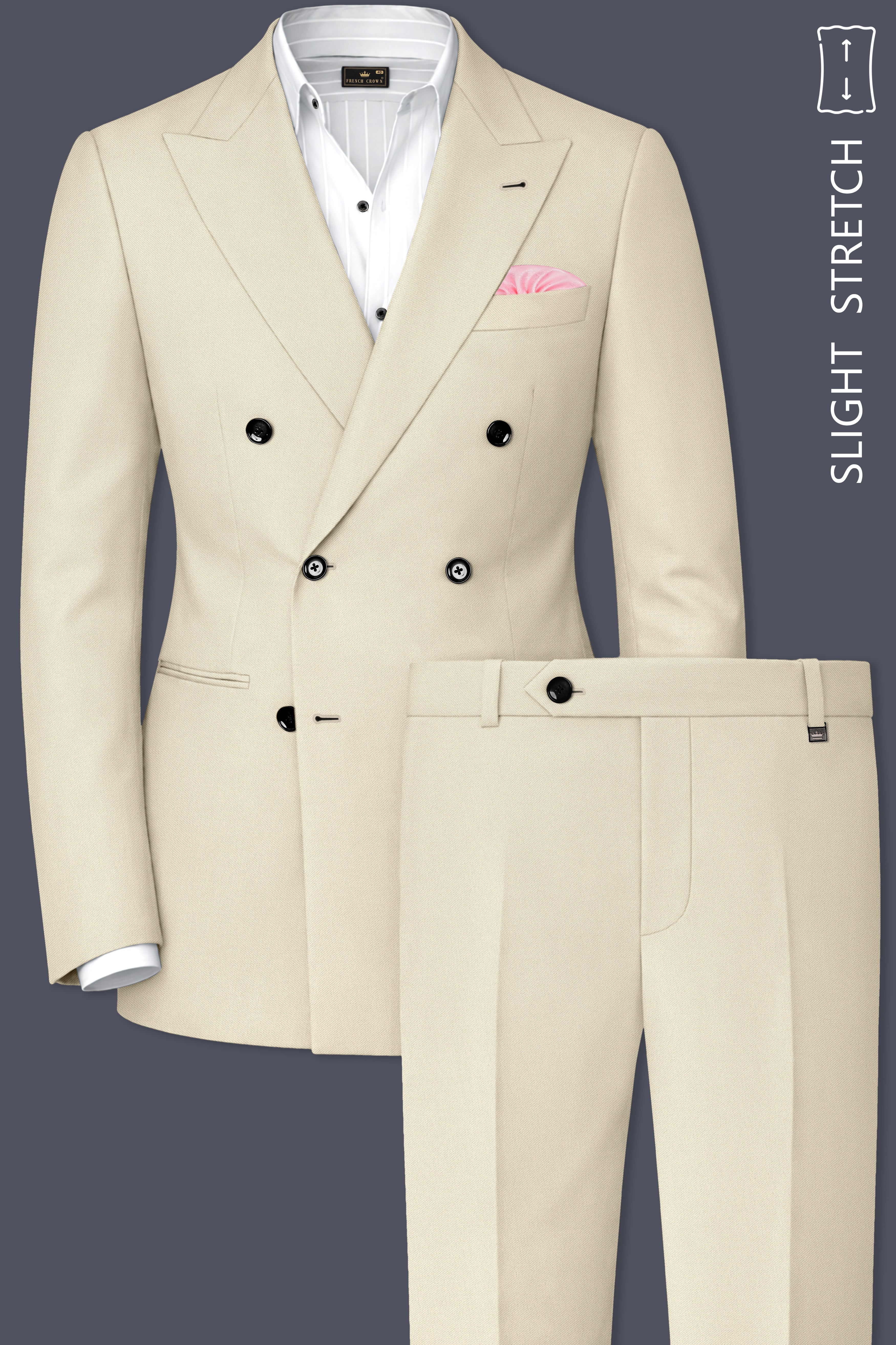 Ivora-Almond Cream Wool Rich Slight Stretch Double Breasted Suit