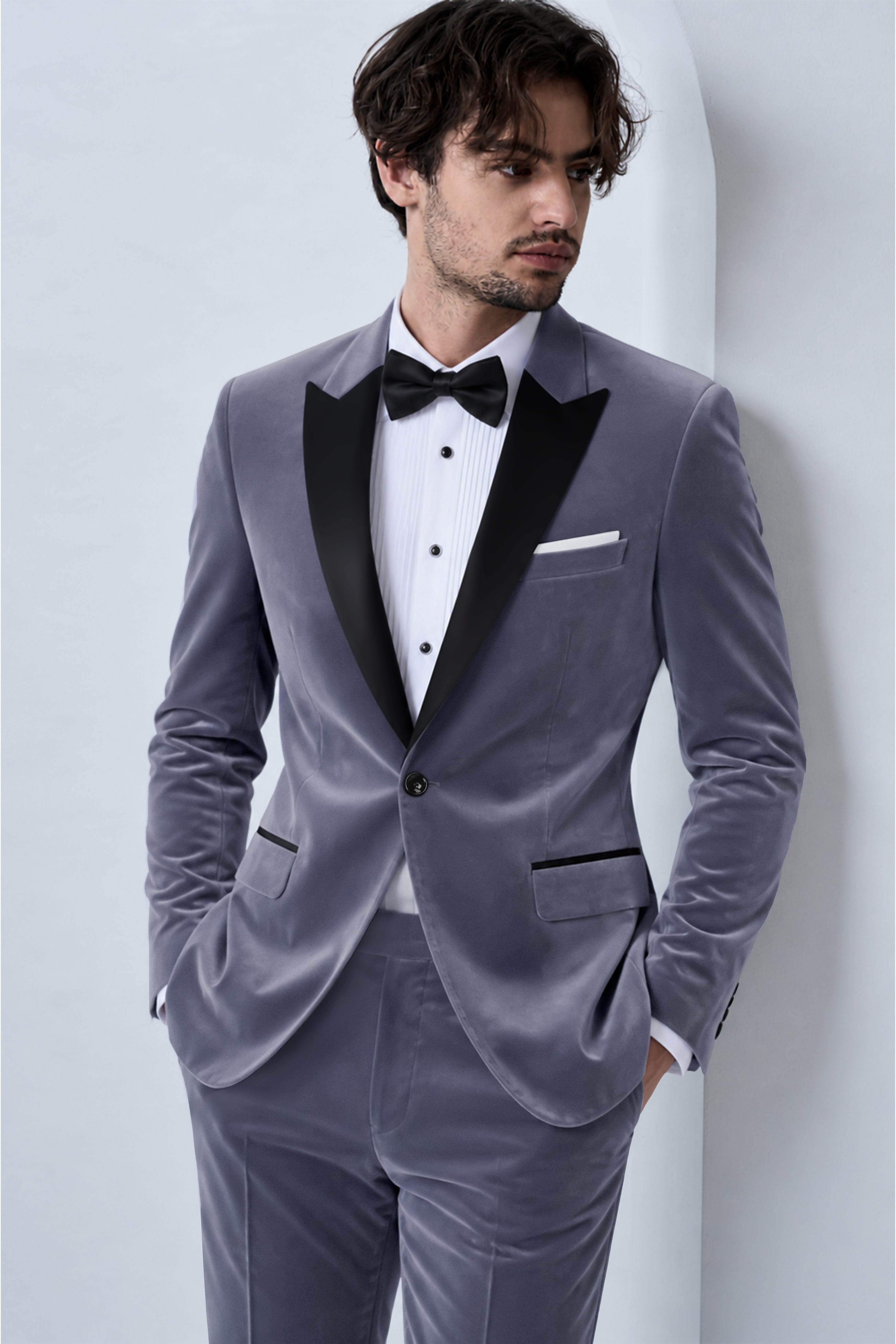 Imperium-Gun Powder Gray Velvet Peak Lapel Tuxedo Suit