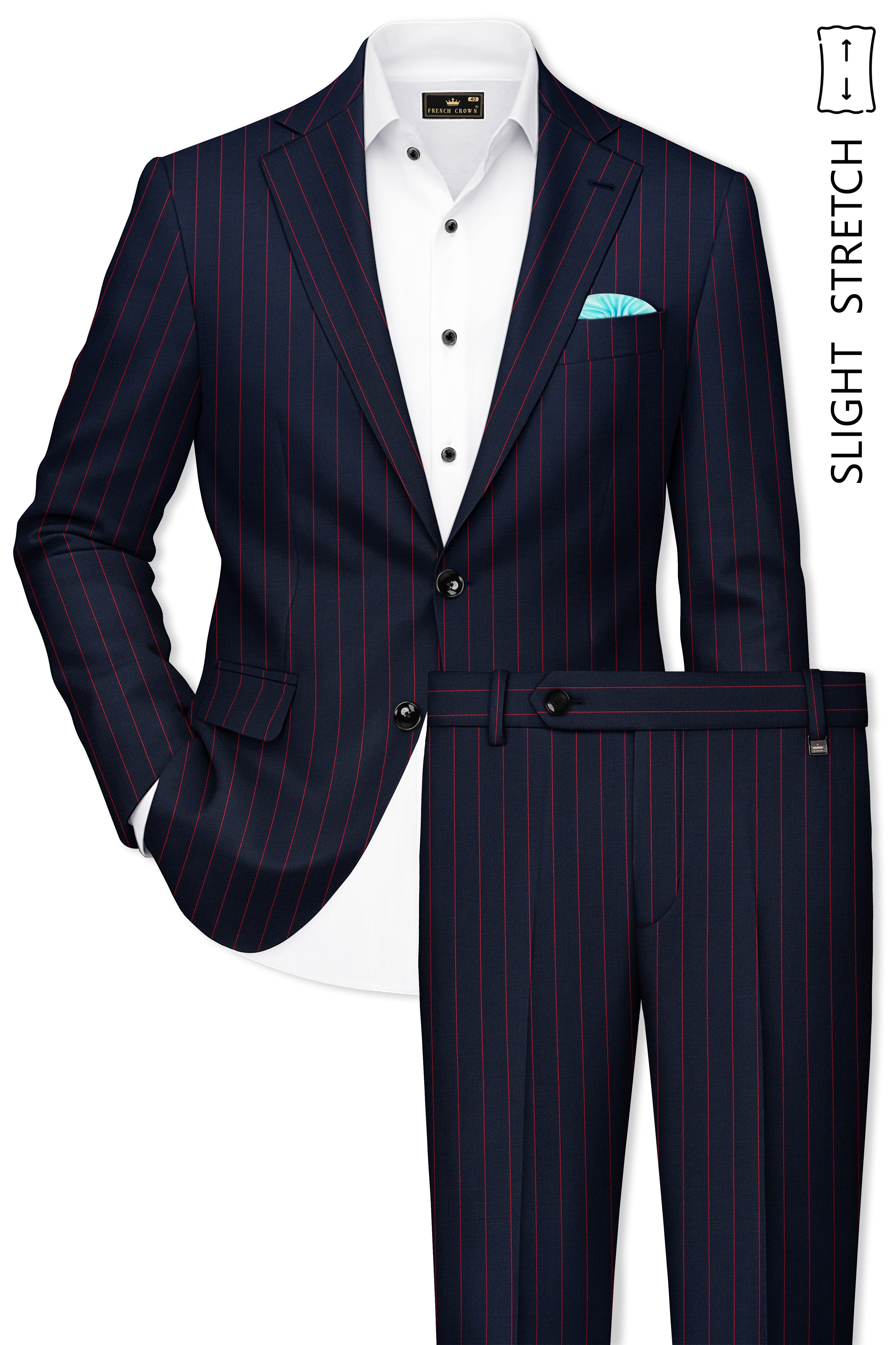 Striata-Haiti Blue And Brick Pink Chalk Striped Wool Rich Slight Stretch Single Breasted Suit