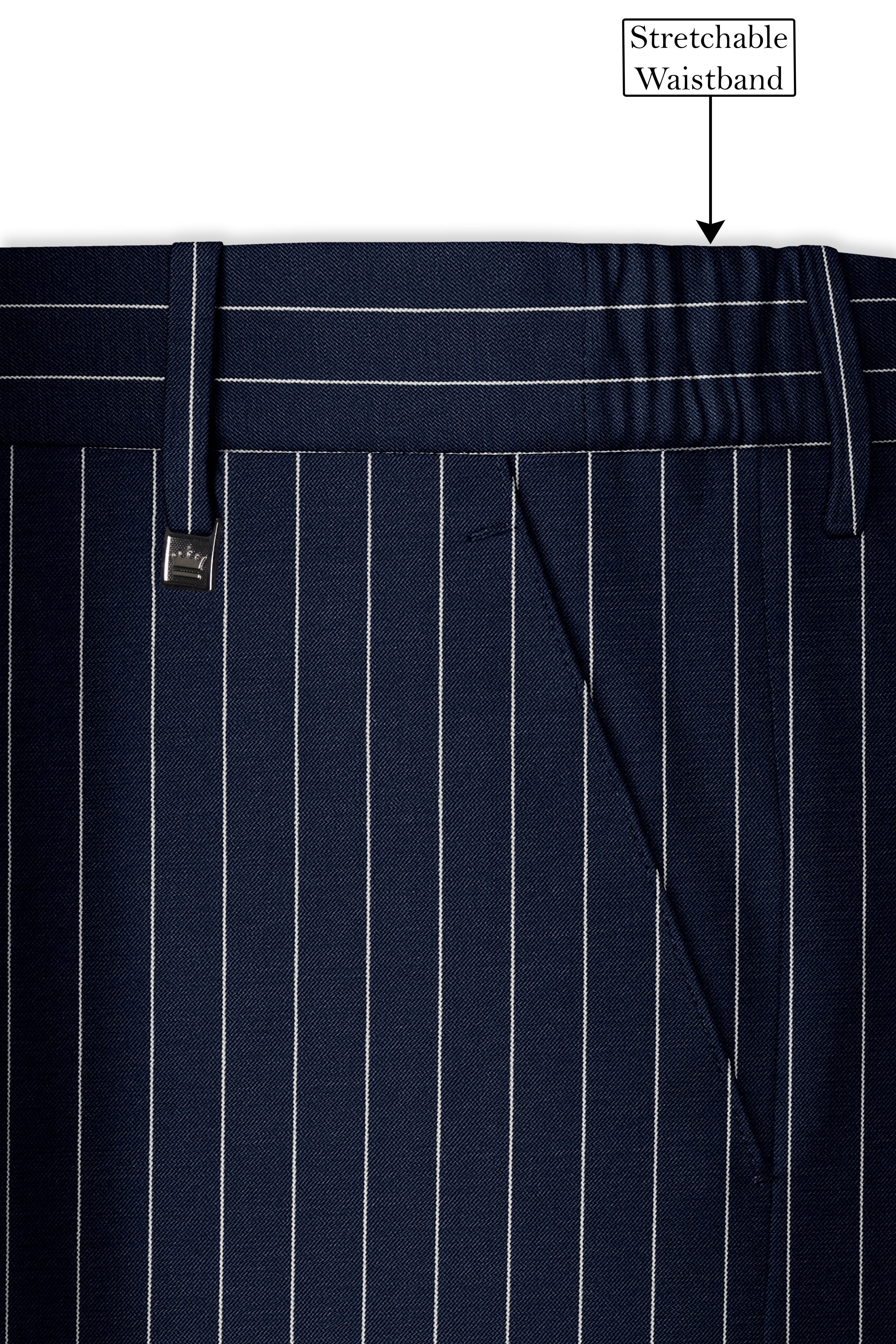 Azureon-Firefly Blue And Bright White Chalk Striped Wool Rich Slight Stretch Single Breasted Suit