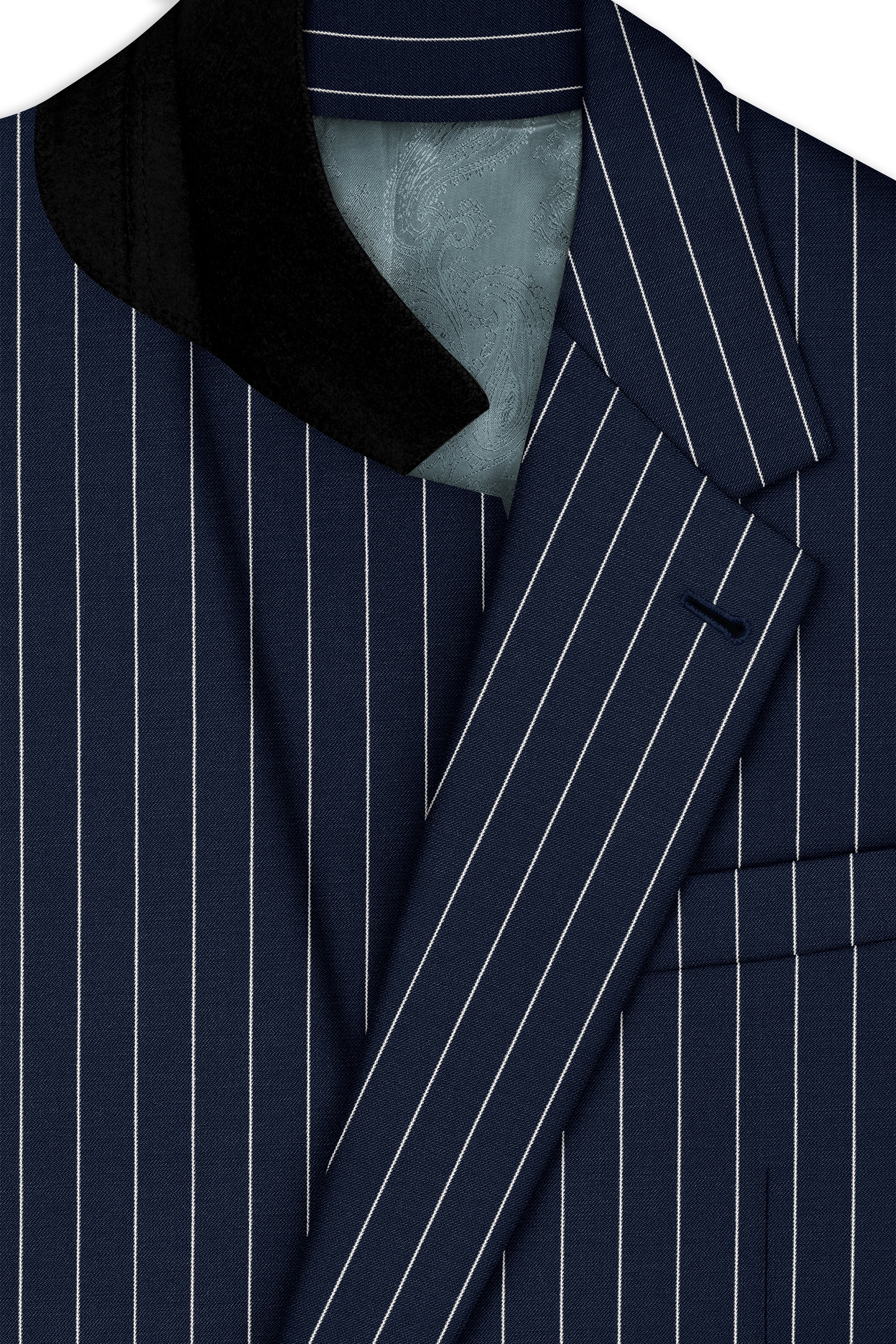 Azureon-Firefly Blue And Bright White Chalk Striped Wool Rich Slight Stretch Single Breasted Suit
