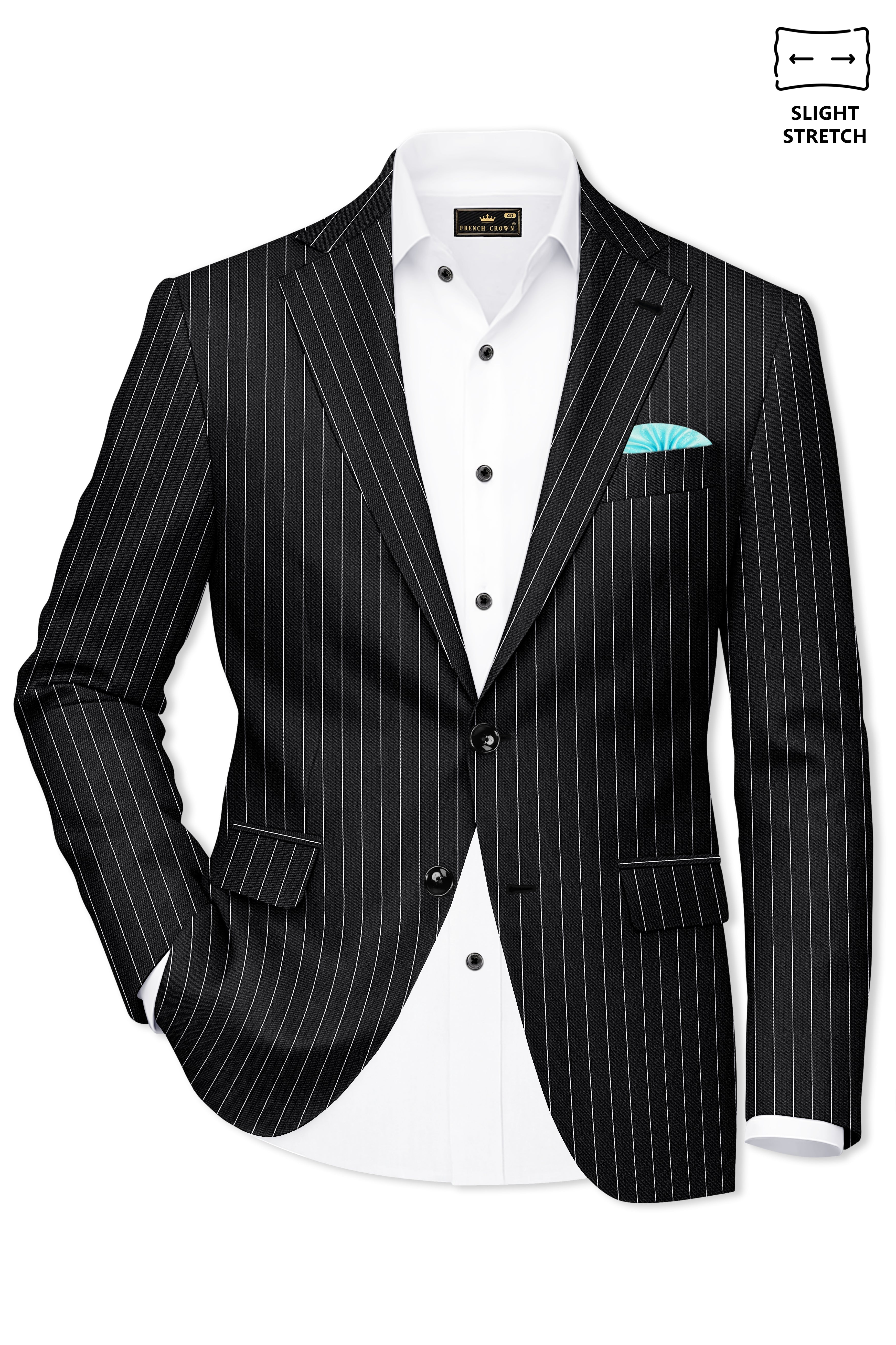 Viceroy-Jade Black And Bright White Chalk Striped Wool Rich Slight Stretch Single Breasted Suit