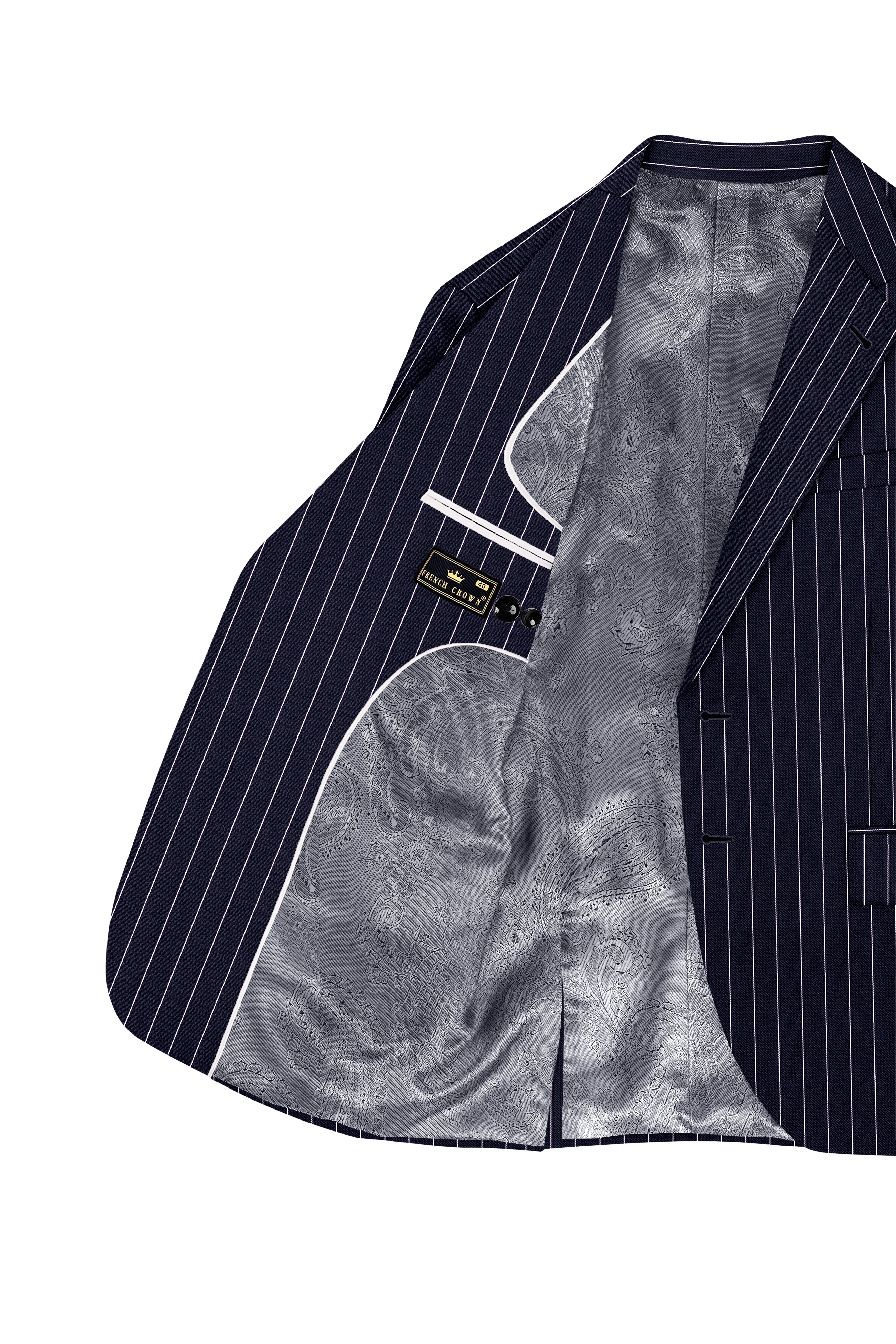 Regent-Ebony Blue And Bright White Chalk Striped Wool Rich Slight Stretch Single Breasted Suit