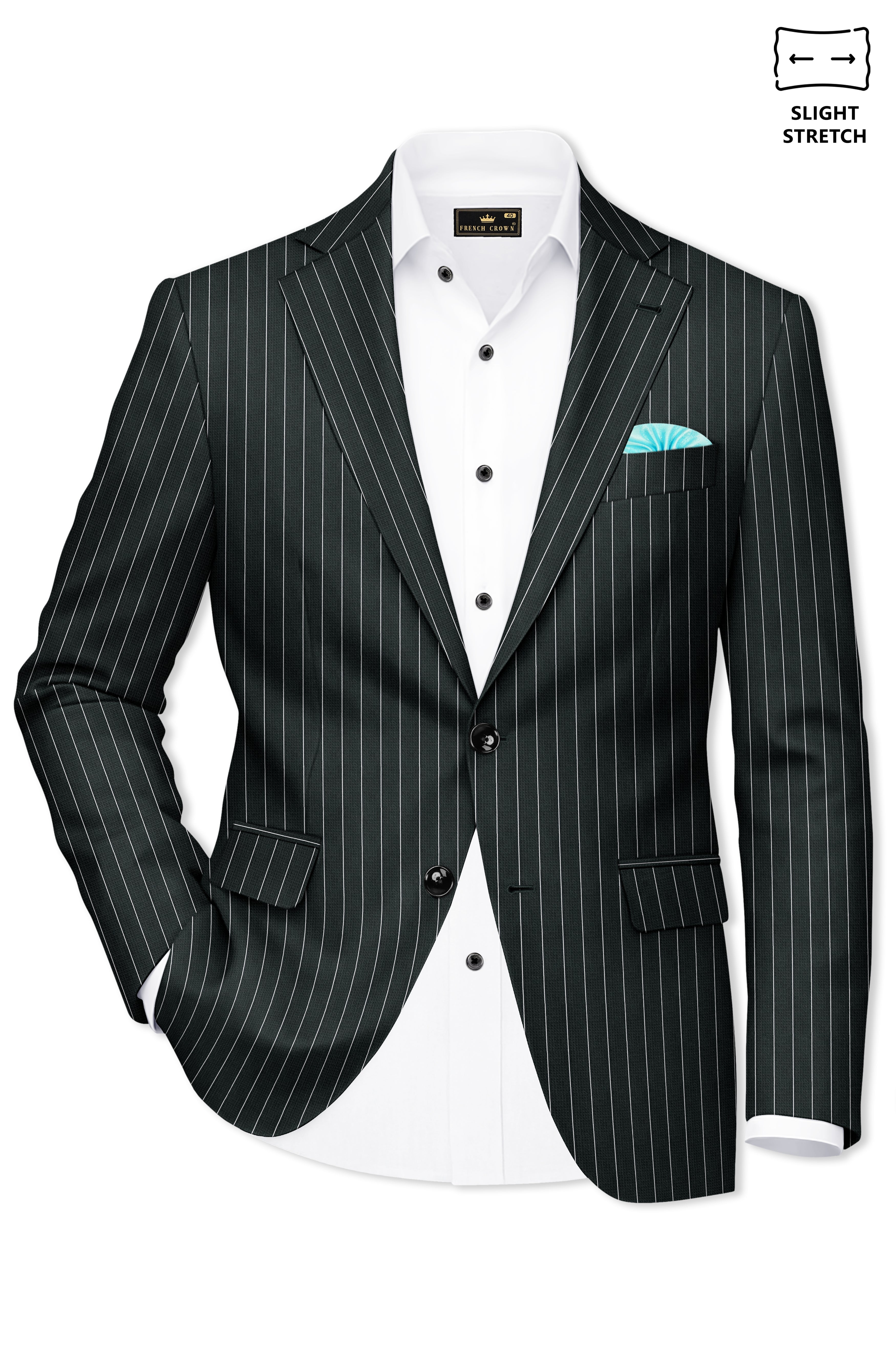Viceroy-Hunter Green And Bright White Chalk Striped Wool Rich Slight Stretch Single Breasted Suit