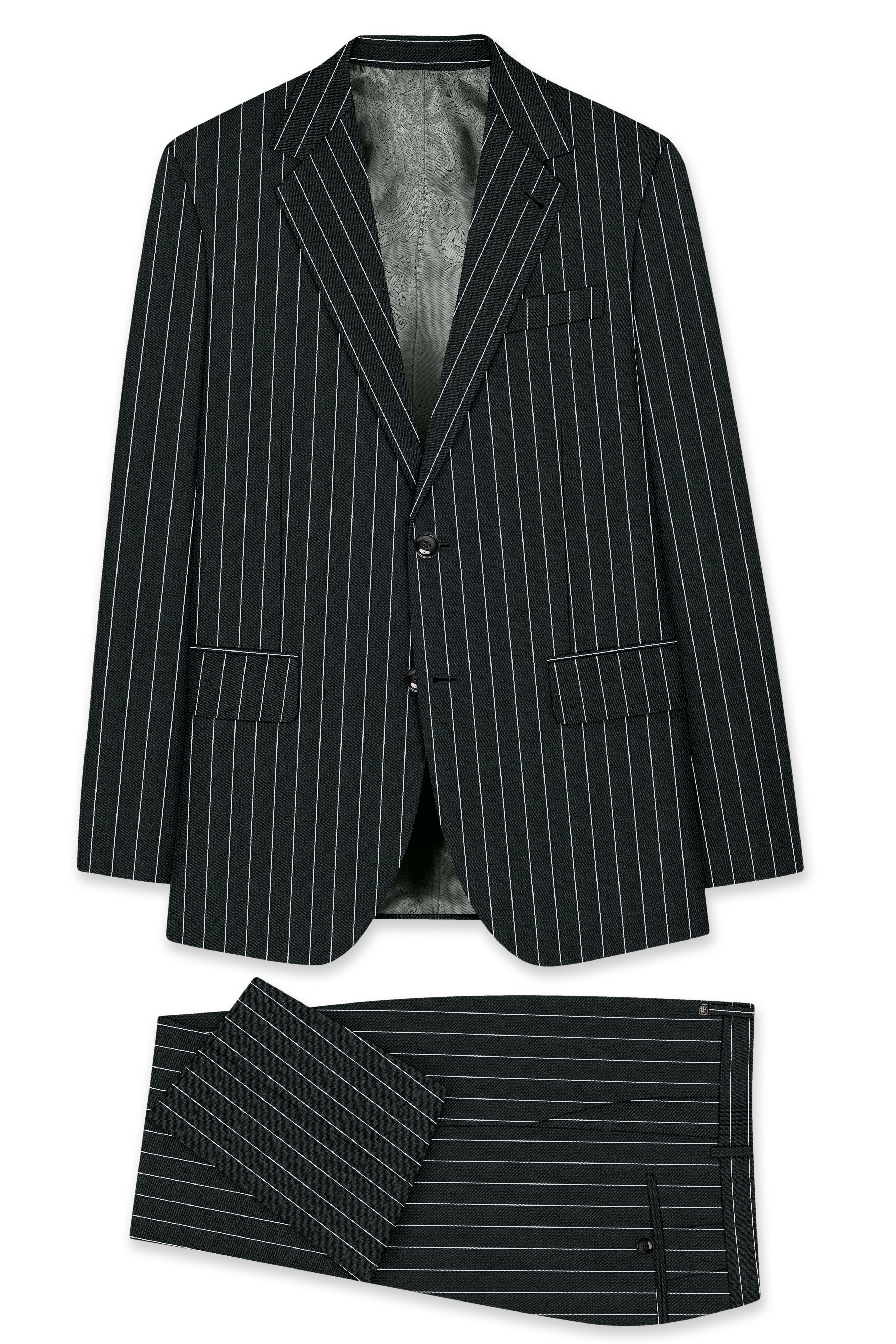 Viceroy-Hunter Green And Bright White Chalk Striped Wool Rich Slight Stretch Single Breasted Suit
