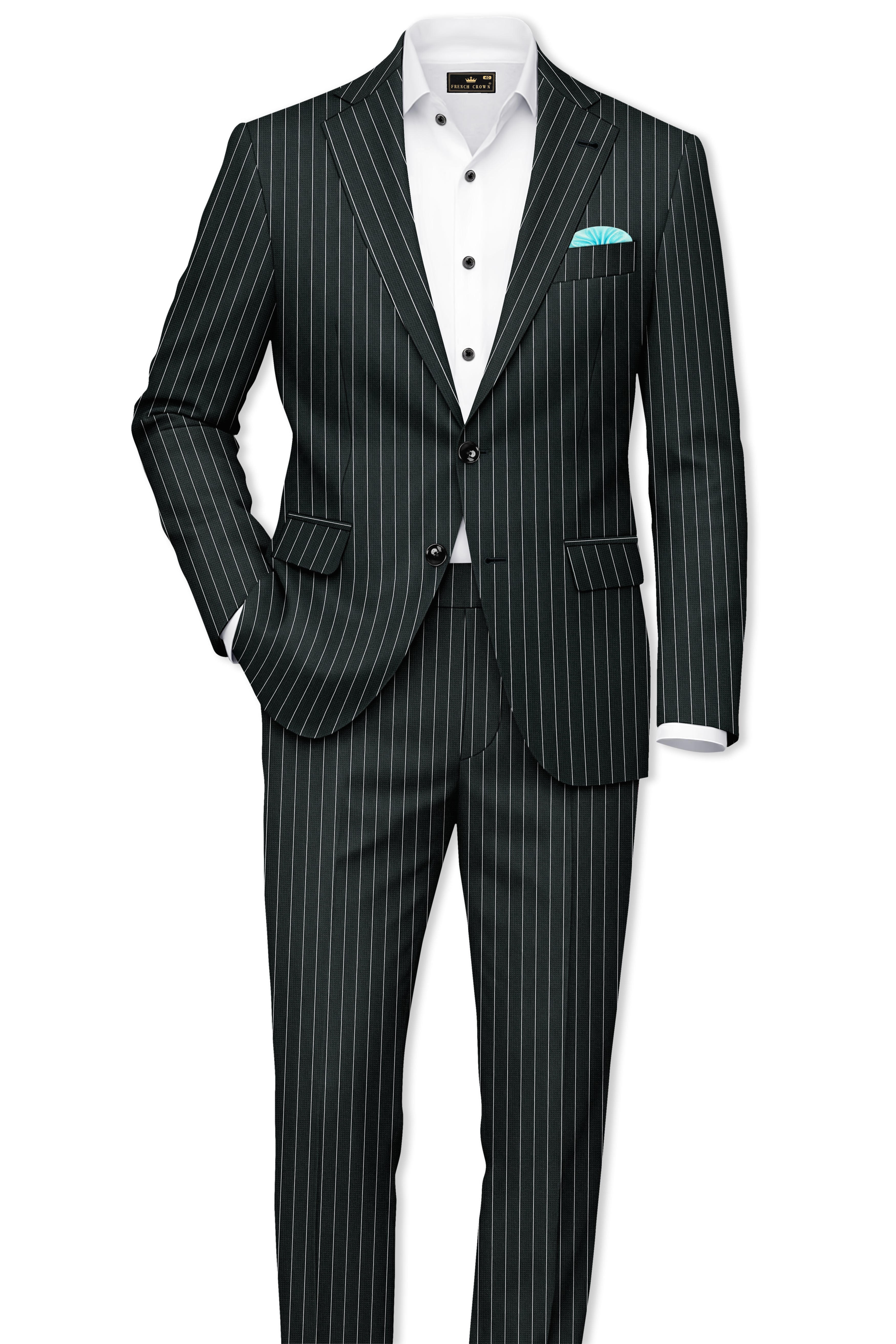 Viceroy-Hunter Green And Bright White Chalk Striped Wool Rich Slight Stretch Single Breasted Suit