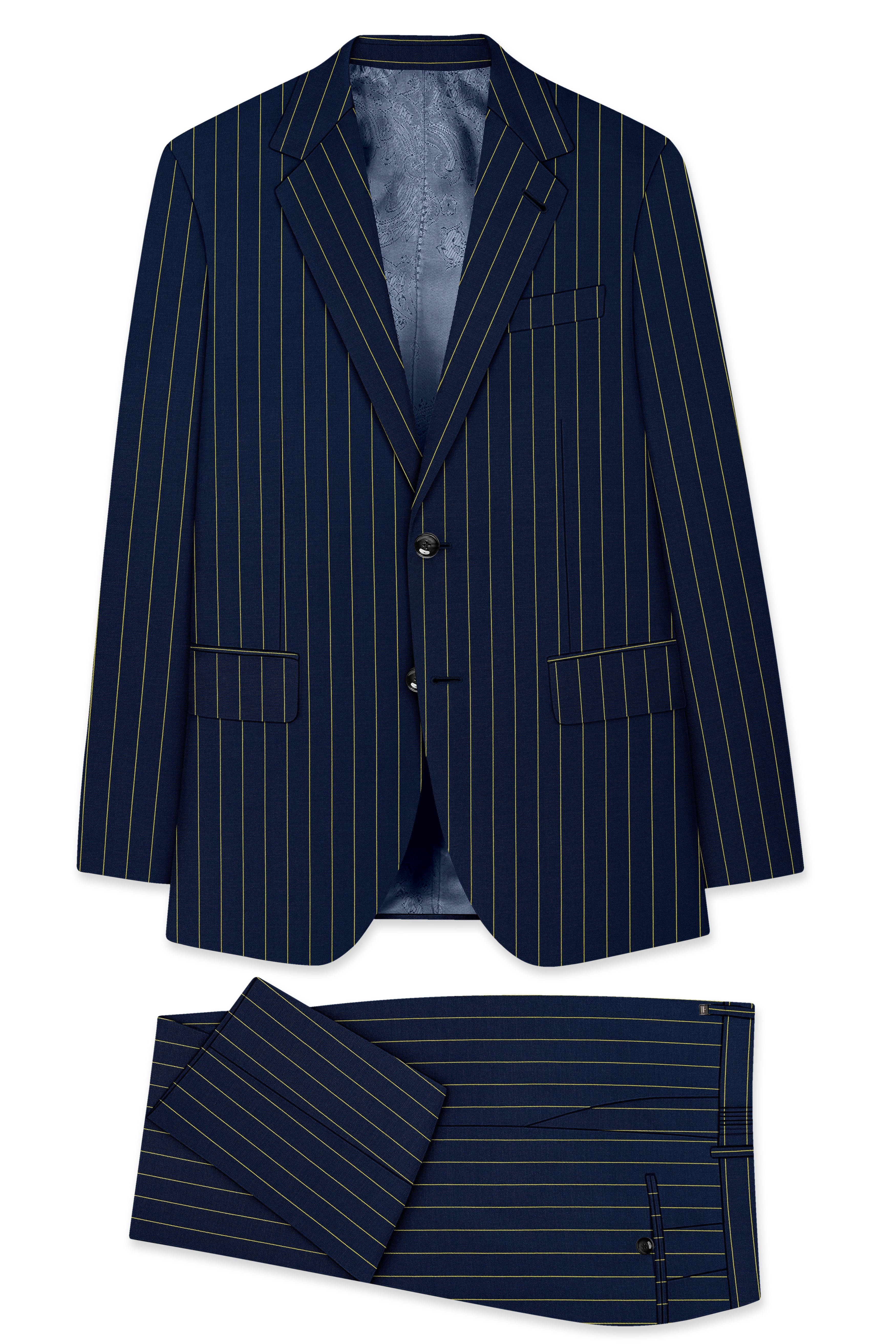 Aurum-Midnight Blue And Harvest Yellow Chalk Striped Wool Rich Slight Stretch Single Breasted Suit