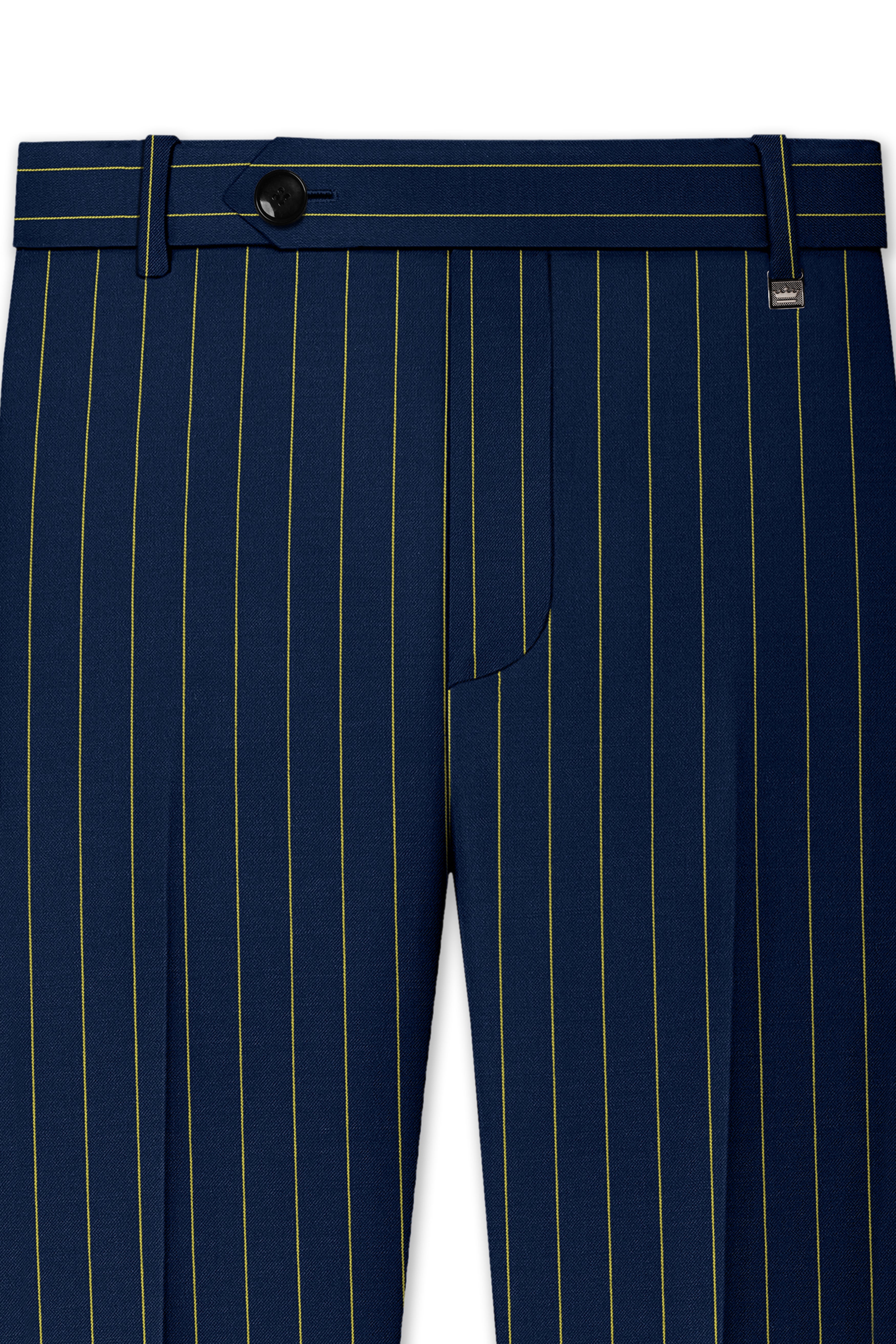 Aurum-Midnight Blue And Harvest Yellow Chalk Striped Wool Rich Slight Stretch Single Breasted Suit