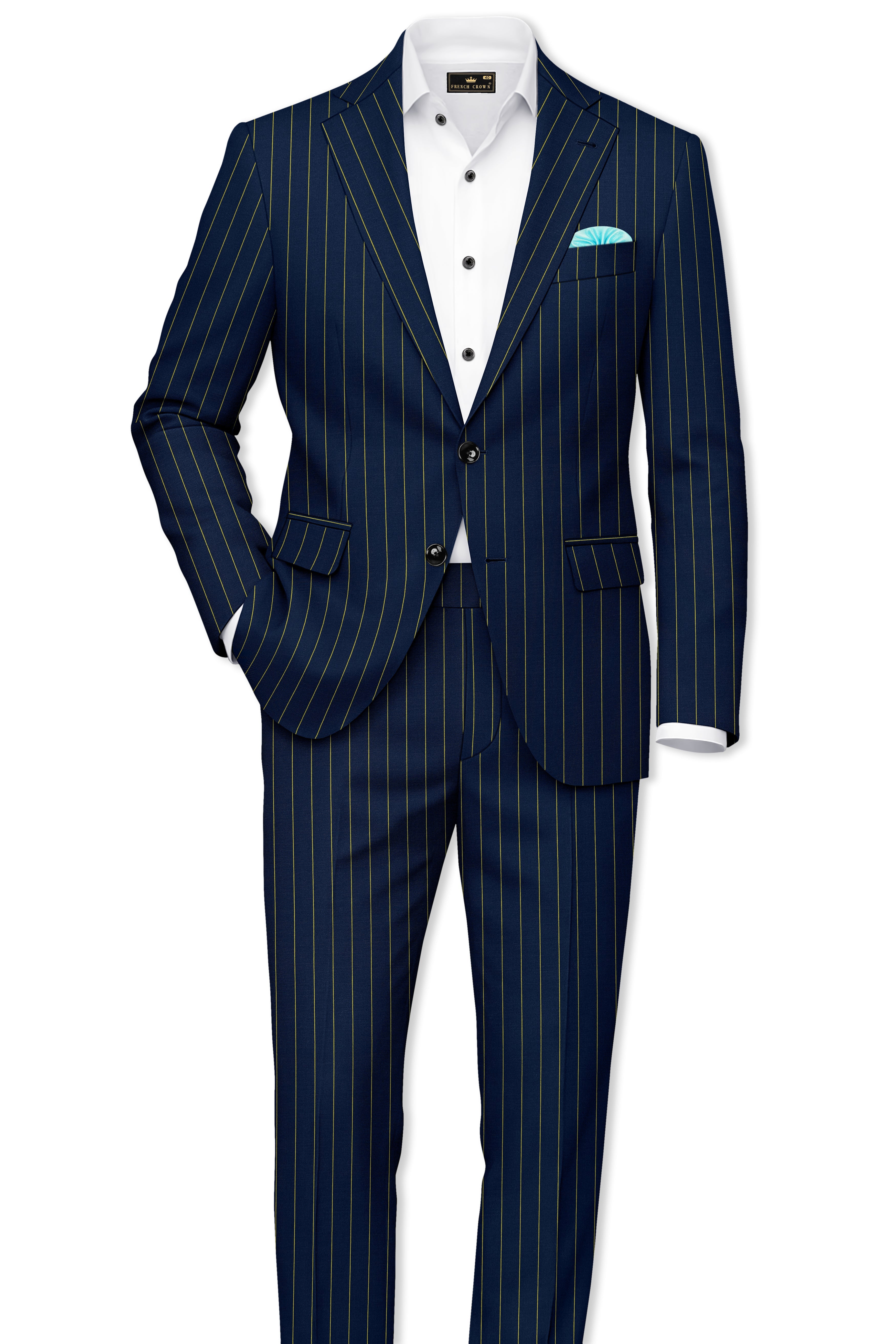 Aurum-Midnight Blue And Harvest Yellow Chalk Striped Wool Rich Slight Stretch Single Breasted Suit