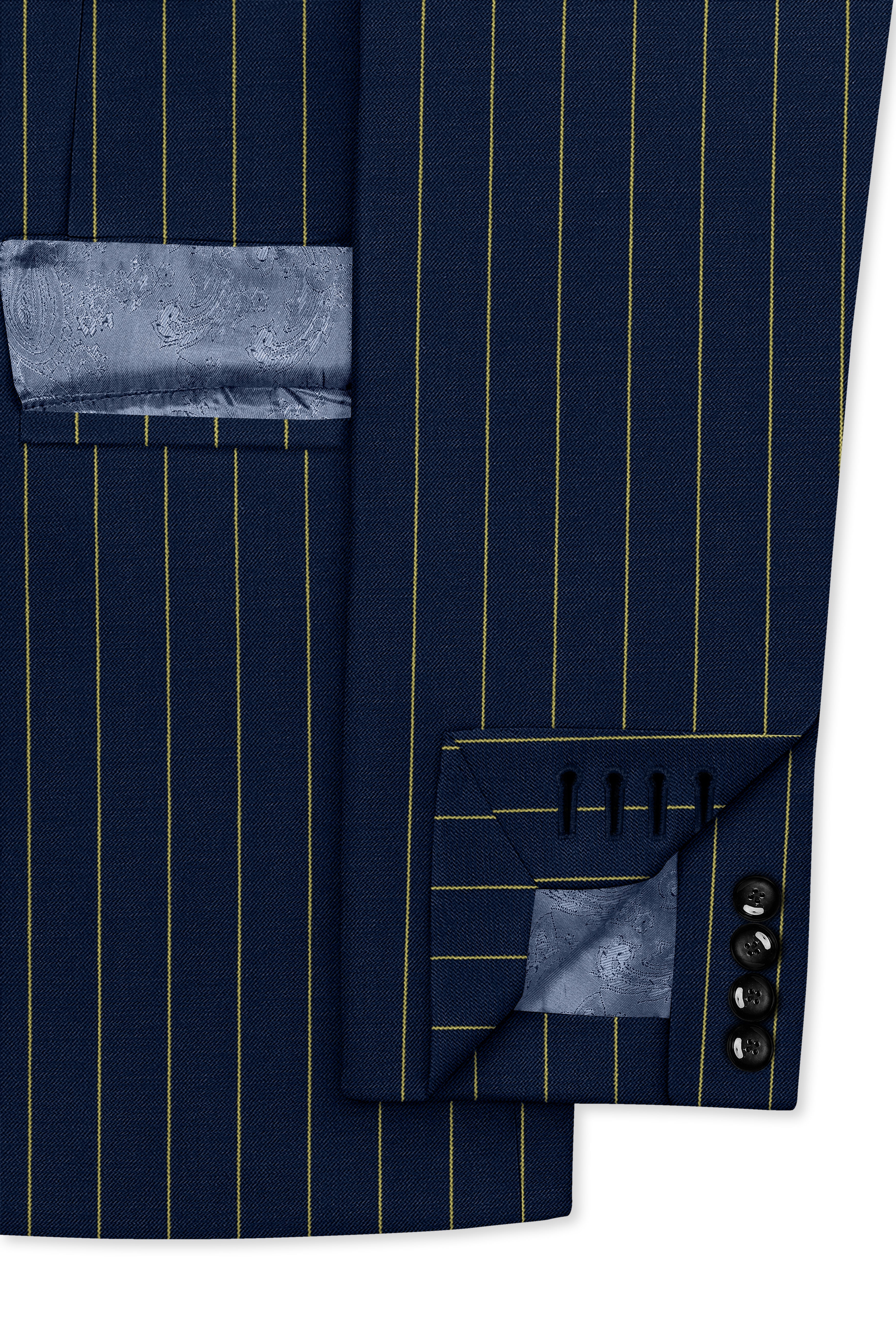 Aurum-Midnight Blue And Harvest Yellow Chalk Striped Wool Rich Slight Stretch Single Breasted Suit