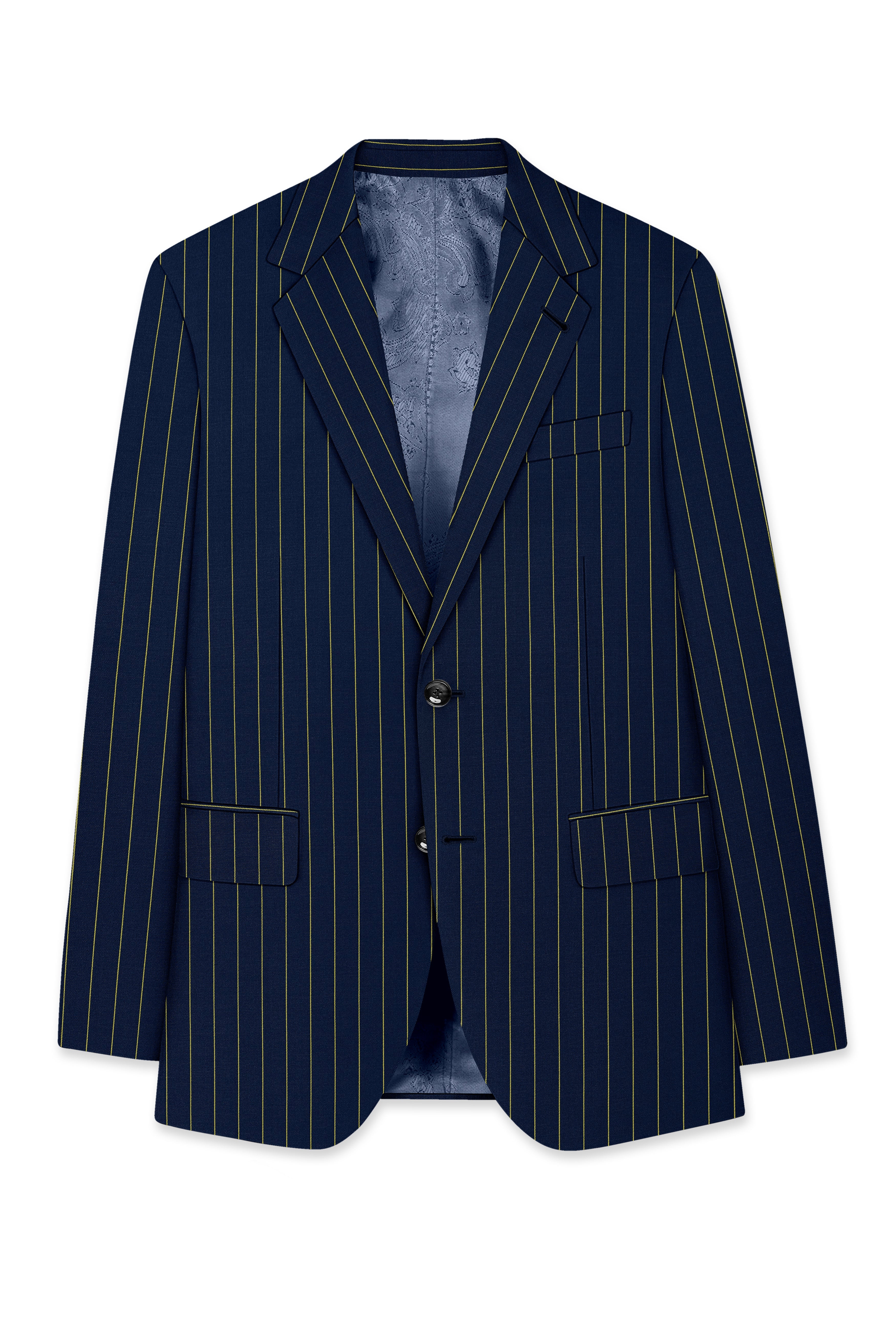 Aurum-Midnight Blue And Harvest Yellow Chalk Striped Wool Rich Slight Stretch Single Breasted Suit