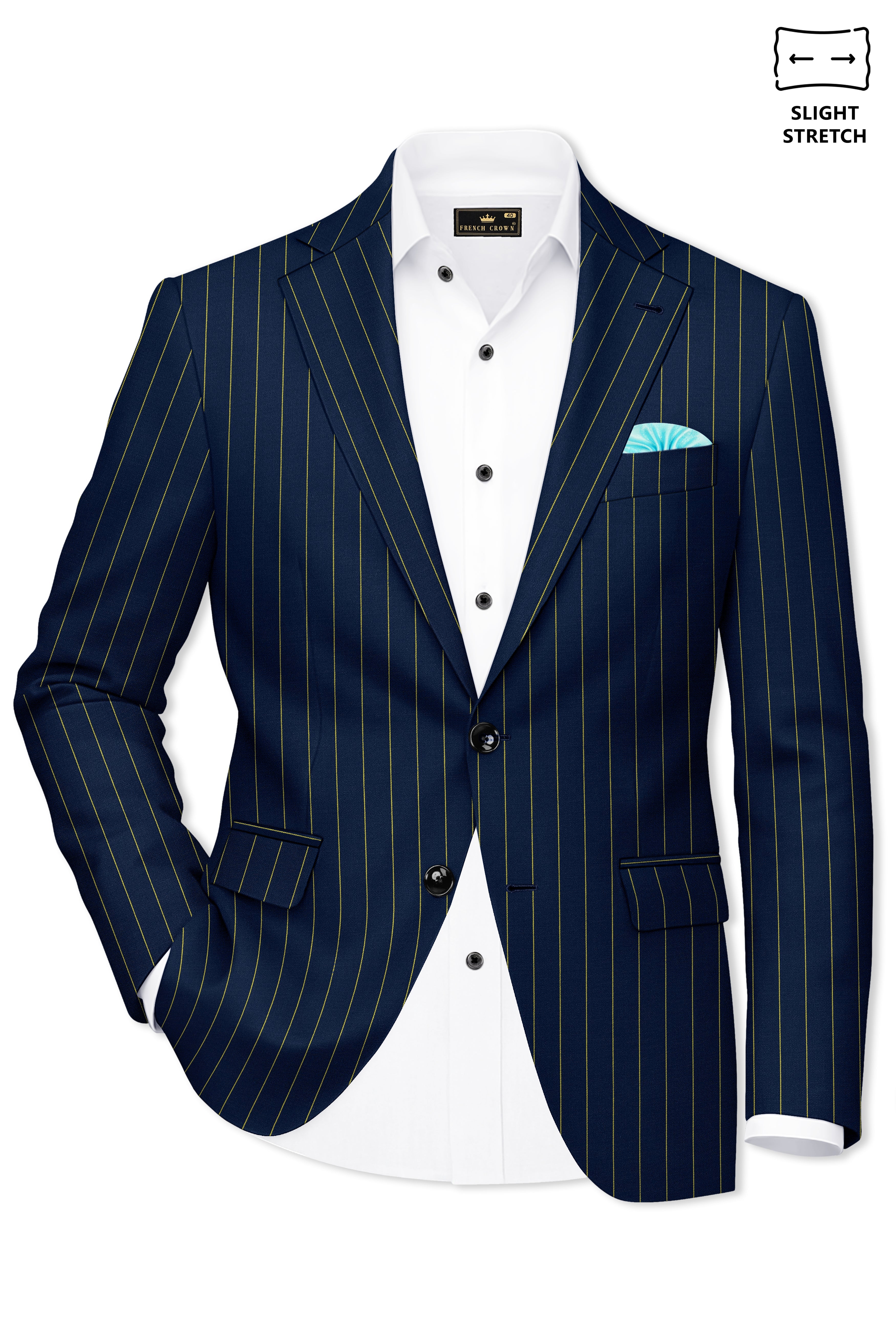 Aurum-Midnight Blue And Harvest Yellow Chalk Striped Wool Rich Slight Stretch Single Breasted Suit
